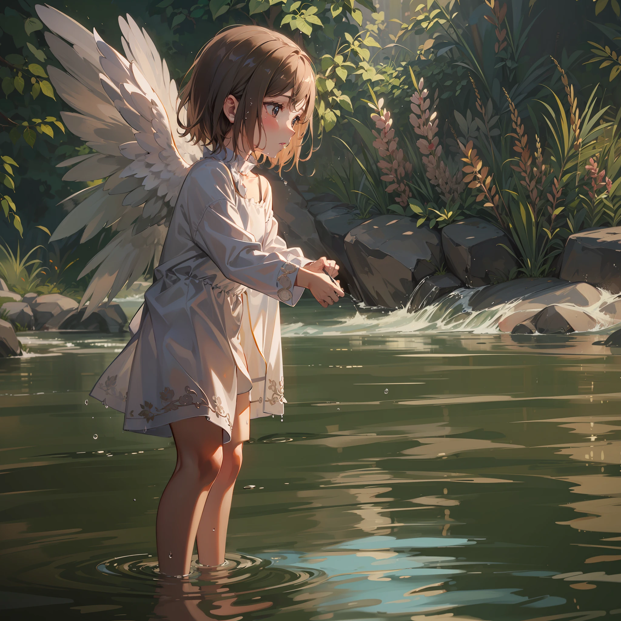 Angel with wings on his back:1.1,very cute female child:1.1,8 yo,Wet and see-through clothes:1.5,Playing by the river,Barefoot,Sweat, Summer,day,Flat-breasted,(4k), (Raw photo: 1.2), (Realism: 1.4), (masutepiece: 1.3), (exquisite detailing: 1.2), Delicate and beautiful details, (Eye Detail), (Facial Detailed), (Highest Quality) :1.4), (Hyper-Resolution: 1.2), (very detailed illustration), Best Quality,depth of fields, Wide light, natural shadows