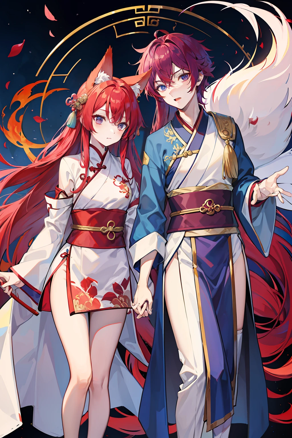Kizi,Rosy red purple hair,blueneyes,fox ear,Ancient Chinese clothing,full bodyesbian,long blue robes,bloomer,long whitr hair,Qi bangs,Set the chart,Handsome