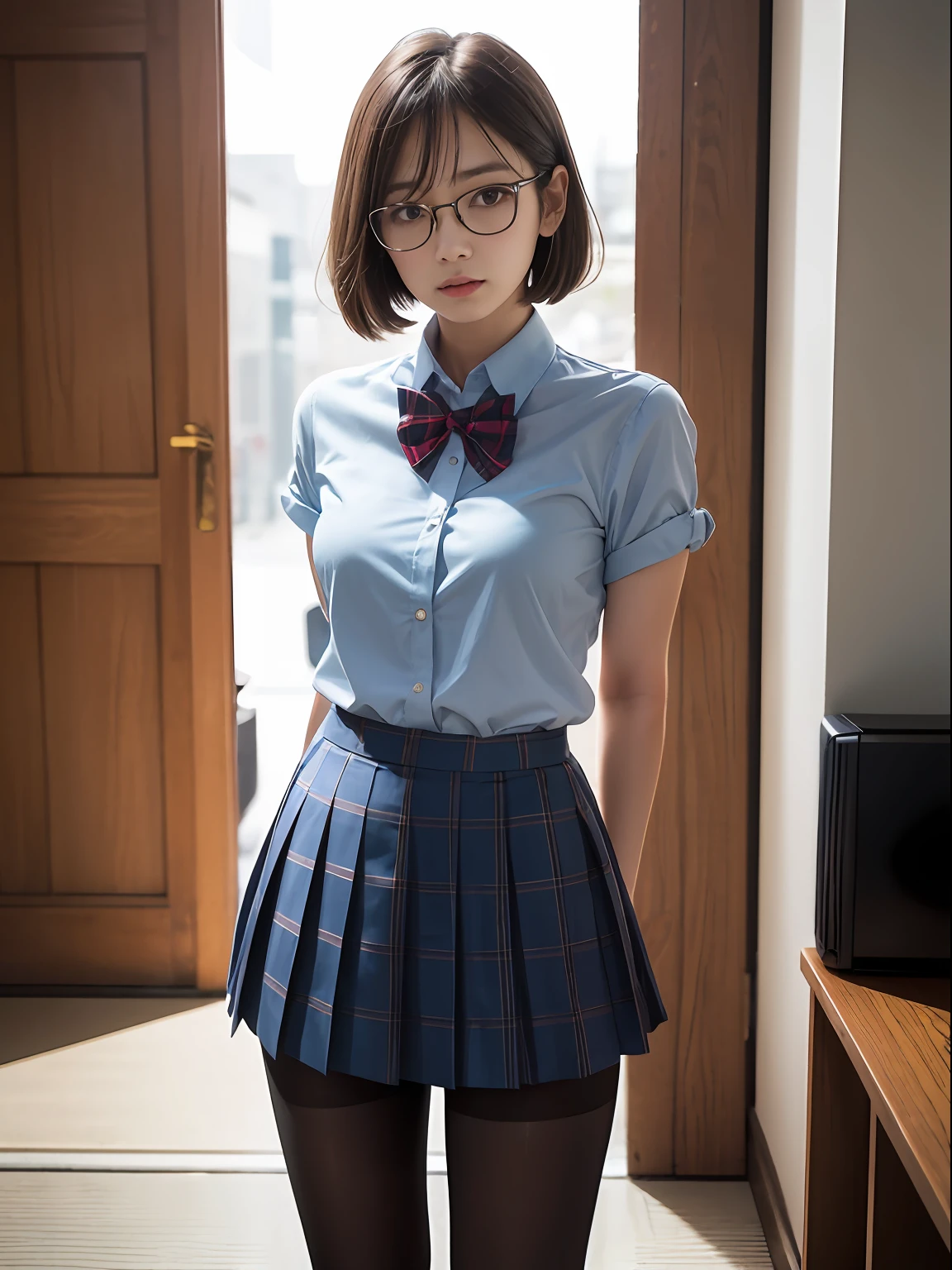（8K、Raw photography、top-quality、​masterpiece：1.2),de pele branca,kne,(Black pantyhose),absurderes,a small face,small tits,flat breast,Parting the bangs from the middle、Forehead visible,(Tight eyes,glares,Bullish,skinny,Rasping,irate)、​masterpiece,top-quality、超A high resolution,Raw photo,ren,Beautiful fece,One Person, 独奏,eye glass,,Dark look,Small breasts,fullllbody,Round glasses、cute little、JK school uniform,hi-school girl,A Japanese Lady,is standing,（Photorealsitic：1.37）、Photon mapping,Light blue ribbon,Realistic、Cute little face,Brown-eyed、Black socks、(Red bow tie)、Radio City、Physically Based Rendering、Foreground、depth of fields、Blurry background、a picture,The girls、Body,beauty legs, Long legs, Thin leg,Long bob cut,(Bangs are visible), hair, s lips, Blue_The eye, nosesoft,Light blue shirt, Navy and blue and white plaid pleated skirt, Knees are visible,Sheer clothing,, Thigh, Black cotton socks,Nogizaka Idol, 女優, Japanese ido