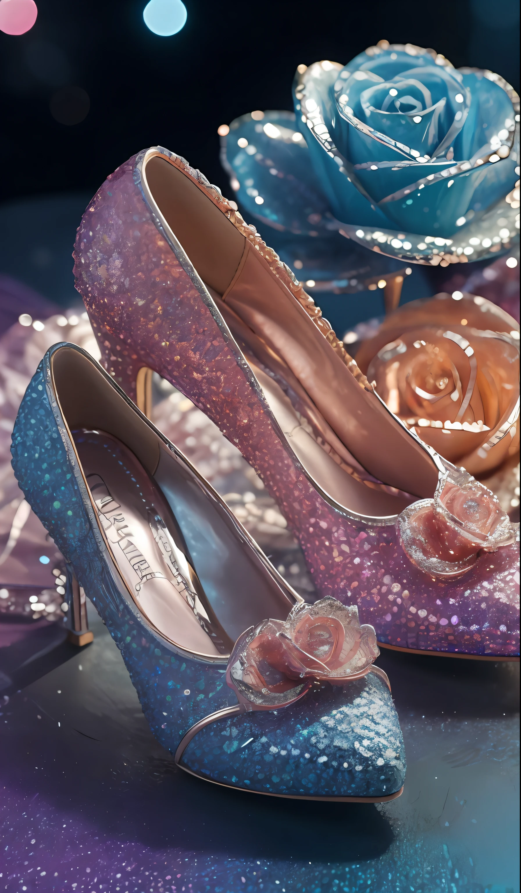 Crystal shoes and crystal roses， fanciful, galaxias, cleanness, glittery, glittery, Splendor, Colorful, Amazing photography, dramatic  lighting, photo-realism, ultra - detailed, 4K, depth of fields, A high resolution