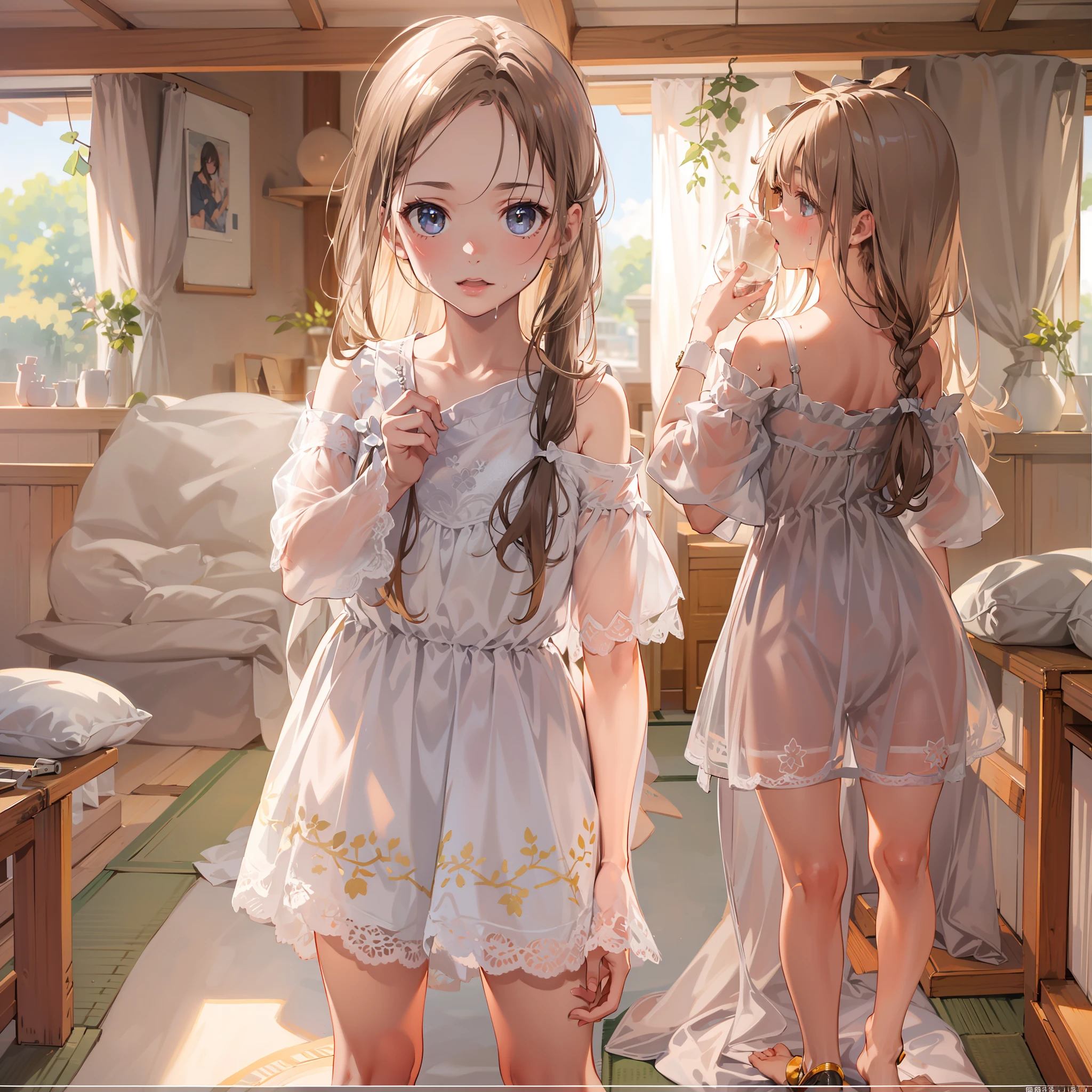 very cute female child:1.1,10 yo,Sheer babydoll figure:1.1, Barefoot,Sweat:1.1, Summer,day, Long hair,flat chest, Tatami mats,electric fan,Wind,Drooping sweat:1.1,(4k), (Raw photo: 1.2), (Realism: 1.4), (masutepiece: 1.3), (exquisite detailing: 1.2), Delicate and beautiful details, (Eye Detail), (Facial Detailed), (Highest Quality) :1.4), (Hyper-Resolution: 1.2),(very detailed illustration), Best Quality,depth of fields, Wide light, natural shadows