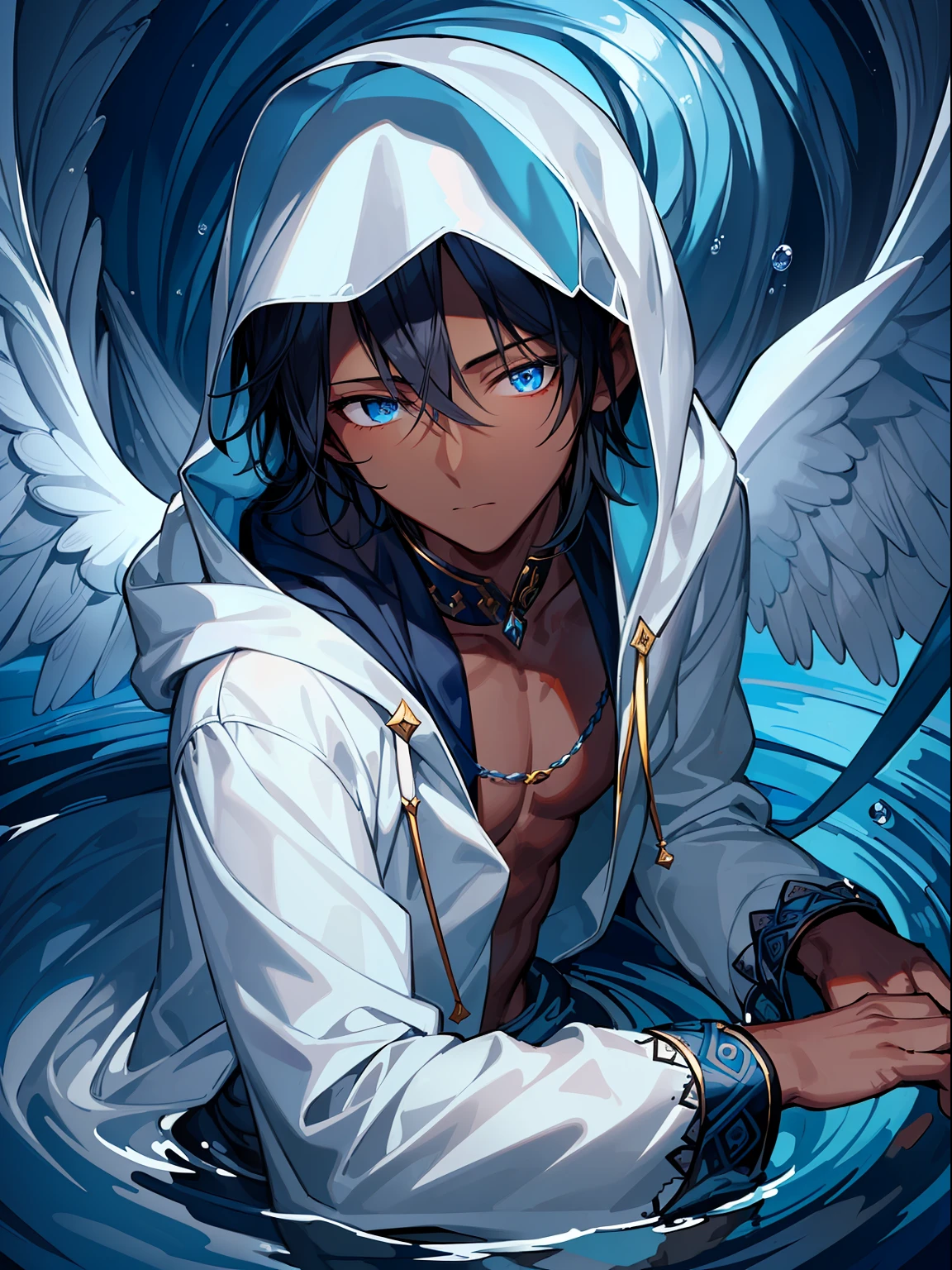 ((Masterpiece, highest quality)), detailed face, full of details, highly detailed, depth, many parts, 1boy, young male, blue eyes, ((dark skin)), angel wings, water, white pants, blue hooded jacket, long sleeves, hood on head, wearing hood, short black hair, closed mouth