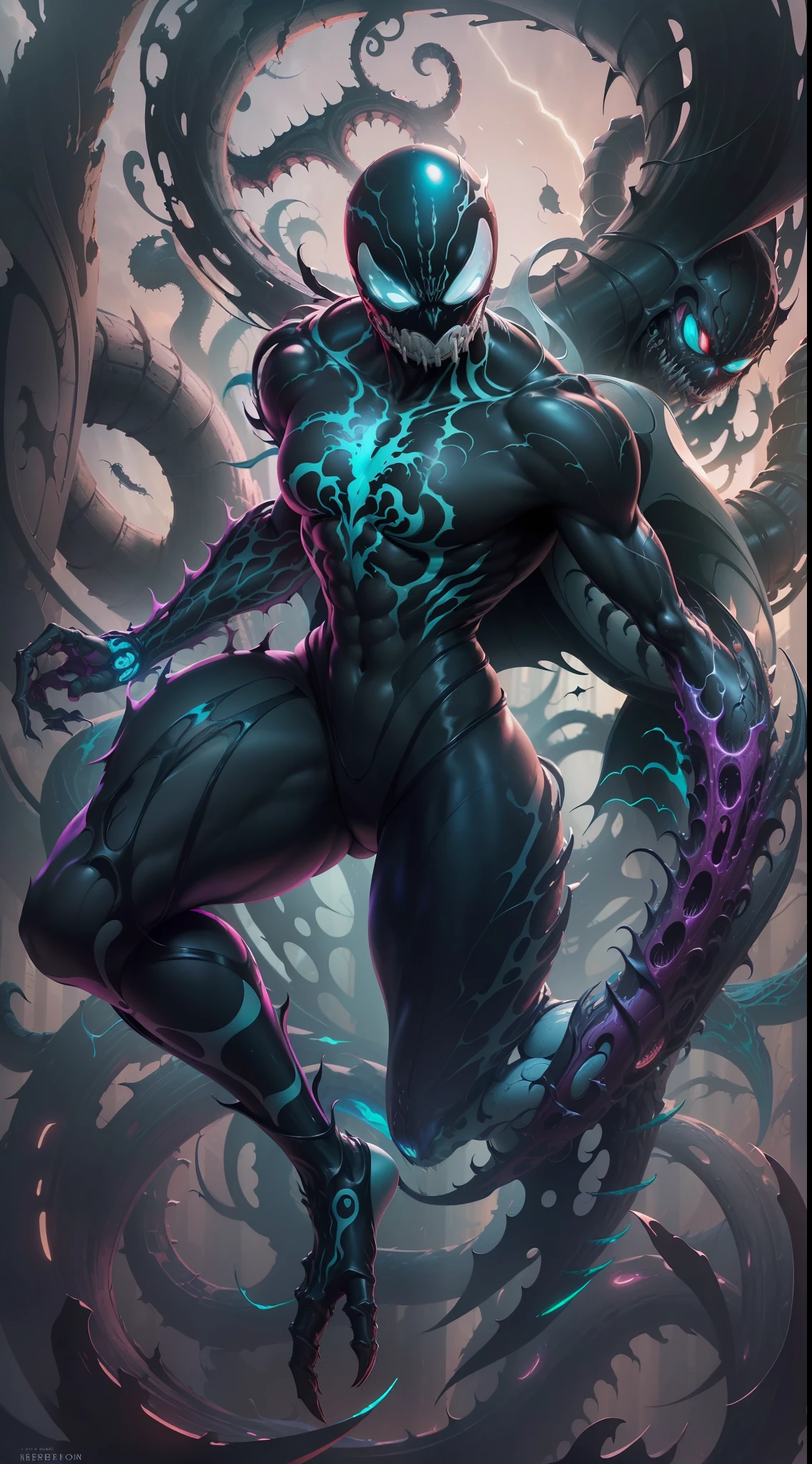 ((obra maestra impresionante)), (Ultra resolution 8K, Striking illustration of the Venom symbiote, Venom symbiotic body mixed with biomechanical parts , symbiont Venom biomechanical body ,Traje Cyberpunk,Symbiotic wings,Illustration by Hetera, dark ilumination, Spectral illumination