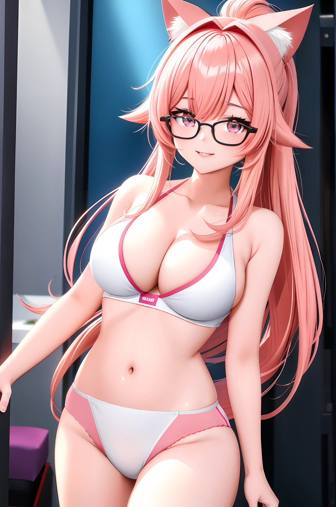 8K, ultra - detailed, teens girl，quadratic element，Pink hair，Wearing white silk，wears glasses，swimming uniform，比基尼，D-cups，Bigchest，self-expression，sitted，Drinking a juice，High ponytail，ssmile，best qualtiy，cat ear，Pink underwear，Pink panties，Bigchest，D-cups