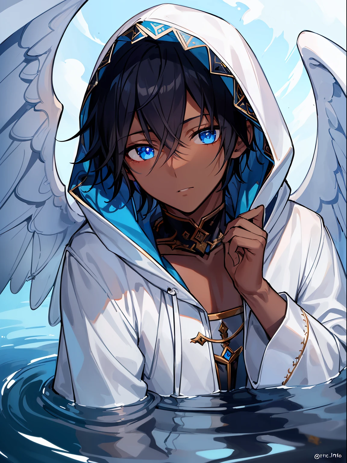 ((Masterpiece, highest quality)), detailed face, full of details, highly detailed, depth, many parts, 1boy, young male, shota, blue eyes, ((dark skin)), angel wings, water, white pants, blue hooded jacket, long sleeves, hood on head, wearing hood, short black hair, closed mouth