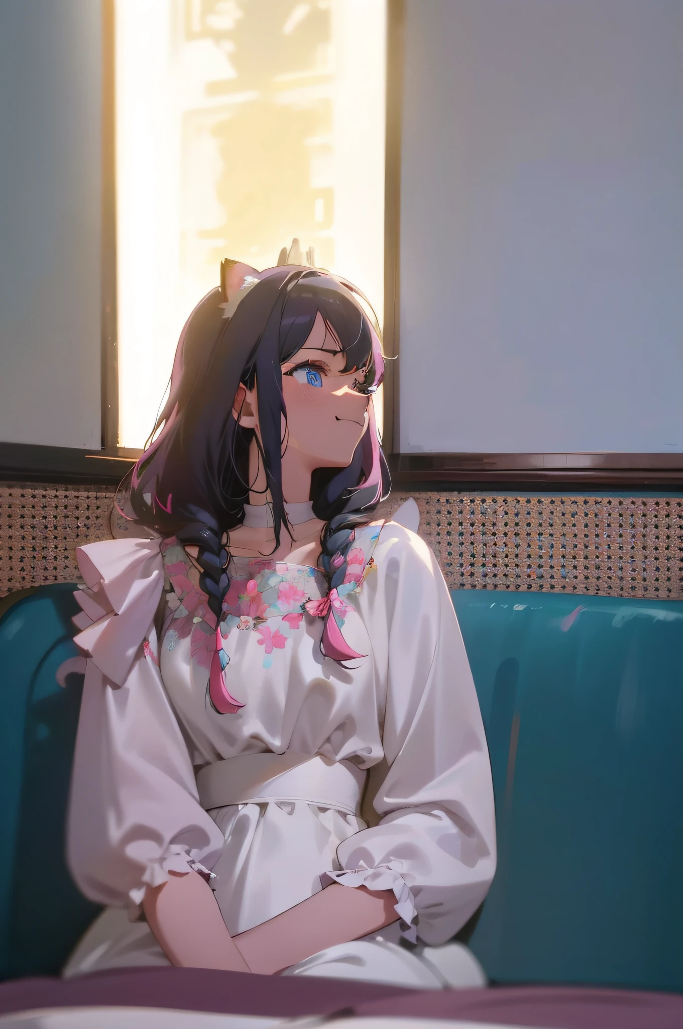 (ultra - detailed), White cute princess dress,(frill dress),(short- sleeved),Blue eyes,12year old, Cat ears, s girl,No tail,(No tail),Girly Room,(Bedroom with floral decorations),
2D, tmasterpiece, top-quality, anime big breast, A detailed eye, A detailed face, Girl vs, 1 person only,Medium hair,whaite hair, (whaite hair), Ear hair, small tits, Single braid, (Single braid), (SideBraid), Pink ribbon, Ribbon around the neck, (White sleeves), Good morning, a bed, sit on a bed, On the sheet,The upper part of the body,Facial expression enhancement,Upper body only,A smile,Smile,A happy expression