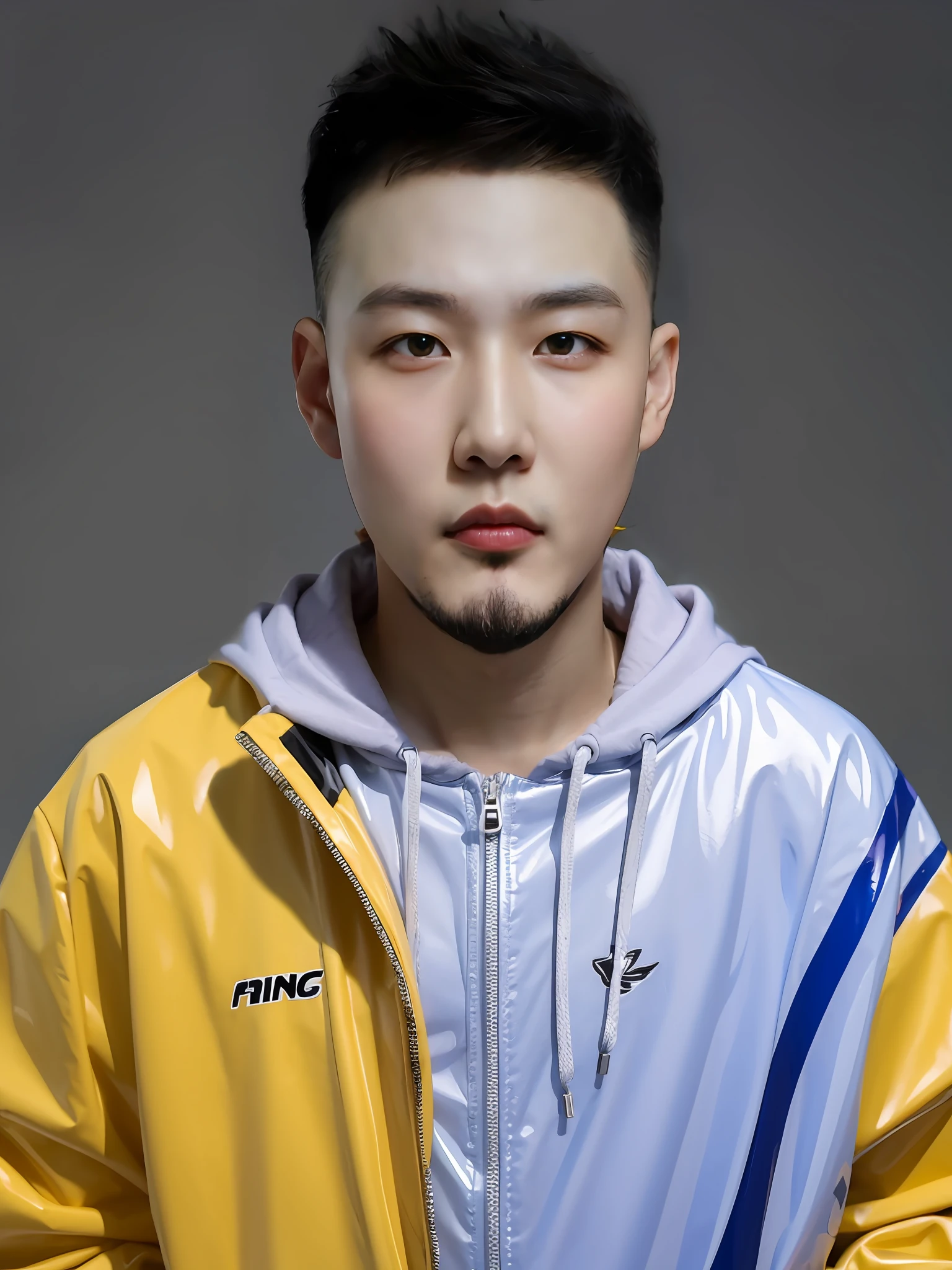 A Chinese male high school student,Wear a PVC casual sweatshirt,There are zippers