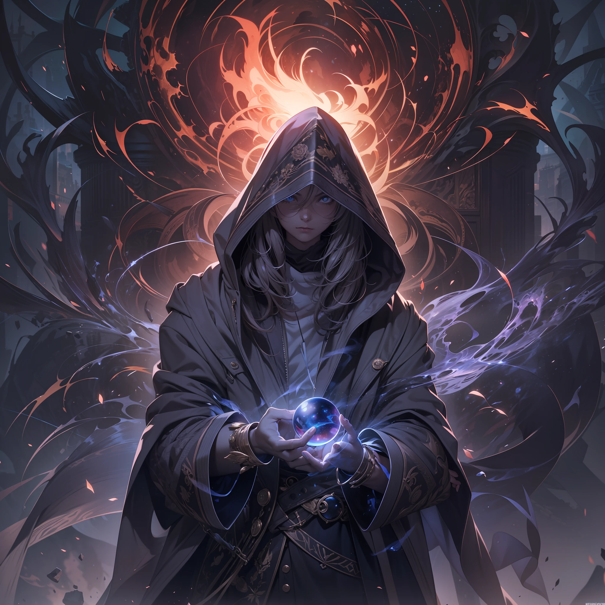 (absurdres, highres, ultra detailed),(Masterpiece, best quality:1.2),1man, wearing a hooded trenchcoat,eye glare, absolutely stunning eyes, holding purple fire in his hands, looking towards the viewer, ultimate power, wearing hood over head, (galaxy face), Elden ring boss, superior being,Amazing, finely detail, masterpiece,best quality,official art, extremely detailed CG unity 8k wallpaper,octane render, 8k, best quality, masterpiece, illustration, an extremely delicate and beautiful, extremely detailed ,CG ,unity ,wallpaper,highest quality digital art, Stunning art, wallpaper 4k,8k,64k, HD, unparalleled masterpiece, dynamic lighting, cinematic, epic