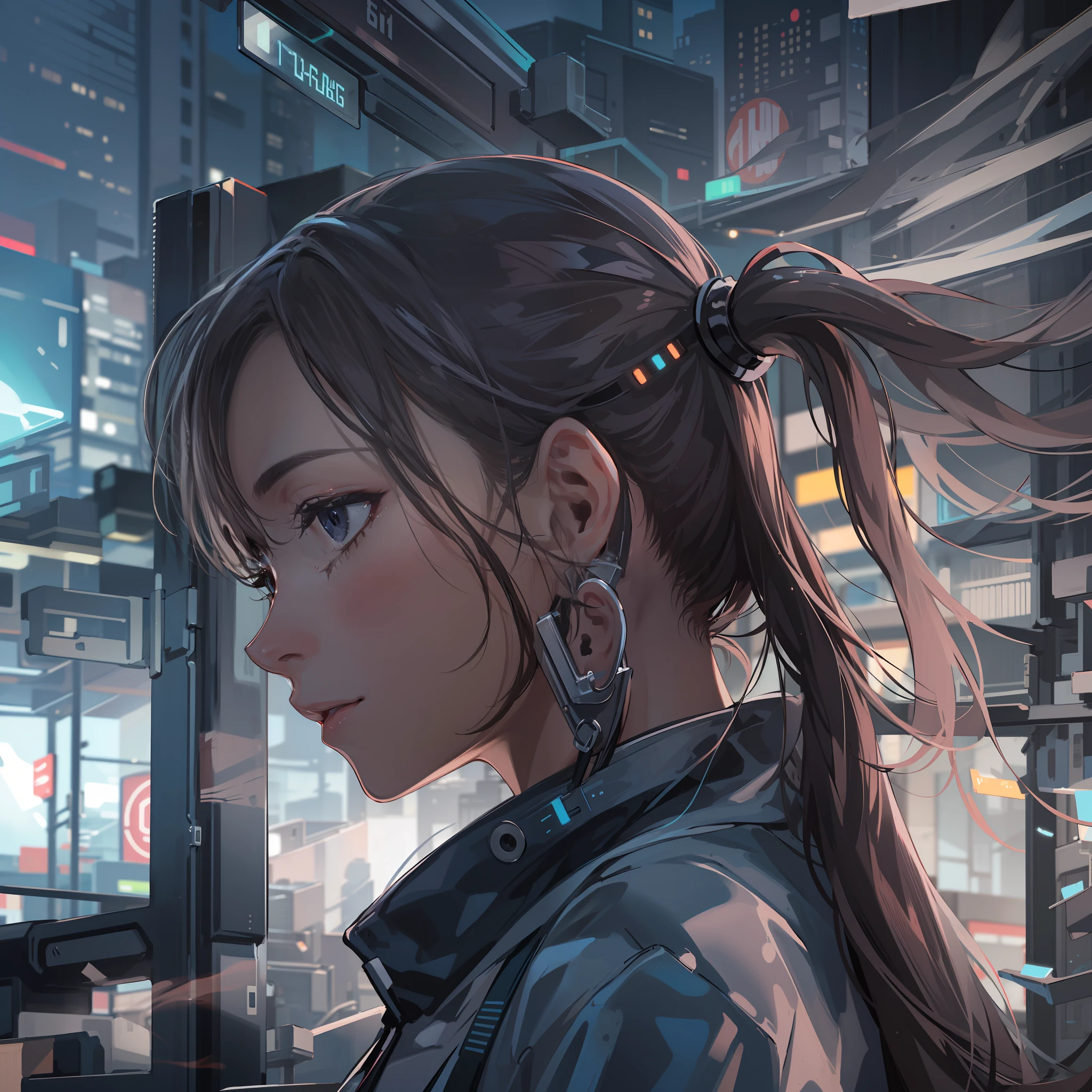 cyberpunked,Cyber City,Hi-Tech,High-tech townscape,Blowing in the wind,Relaxing girl,poneyTail,my room,(8k), (Raw photo: 1.2), (Realism: 1.4), (masutepiece: 1.3), (exquisite detailing: 1.2), Delicate and beautiful details, (Eye Detail), (Facial Detailed), (Highest Quality) :1.4), (Hyper-Resolution: 1.2), cinematric light, (very detailed illustration),Best Quality,depth of fields, Wide light, natural shadows