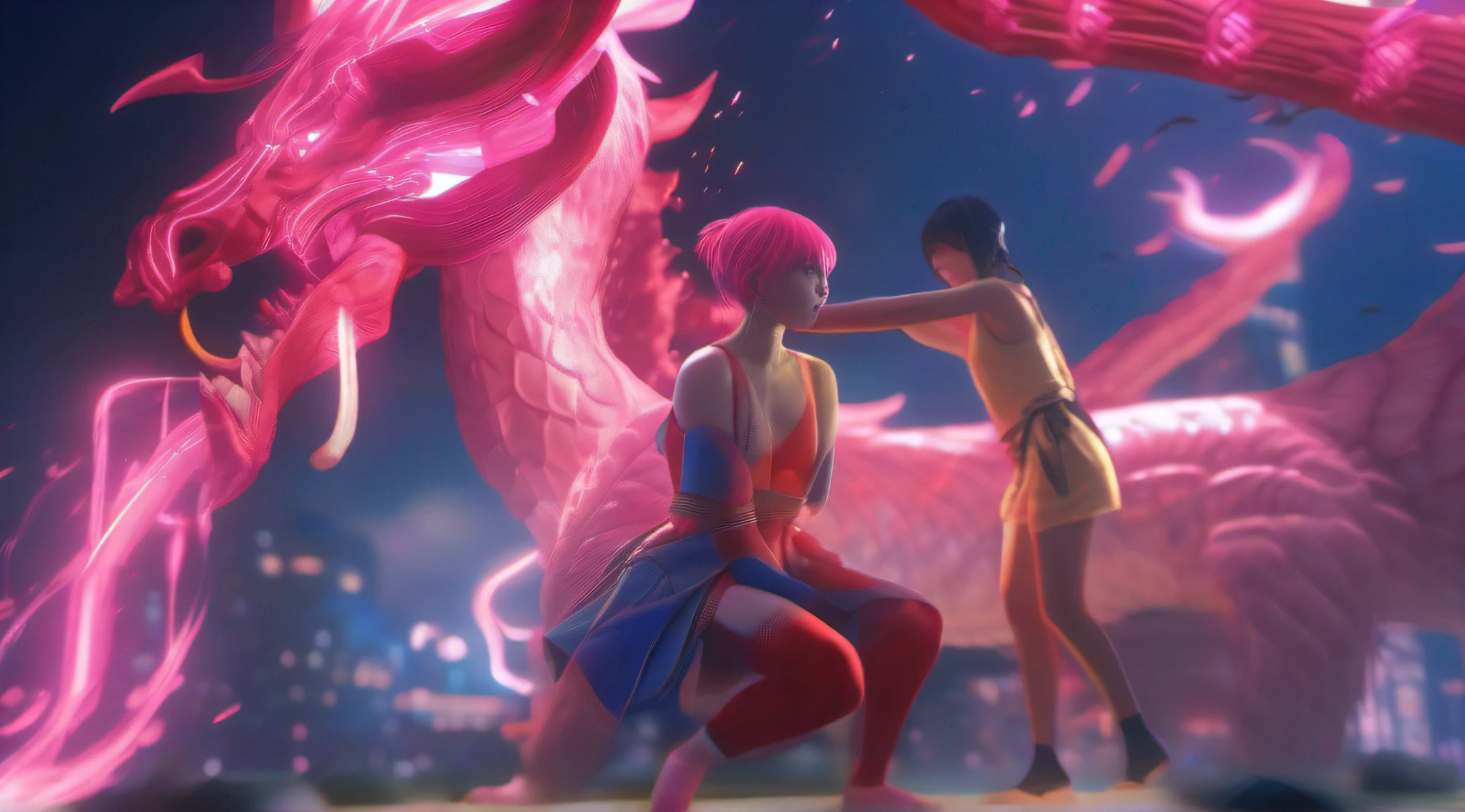 japanese oni is fighting a beautiful girl,18yo, by the river,pink short hair, blue eyes,Conceptual art, best photo shot, glowing light, realistic, UHD, textured skin, masterpiece, anatomically correct, best quality, 8k, full body,