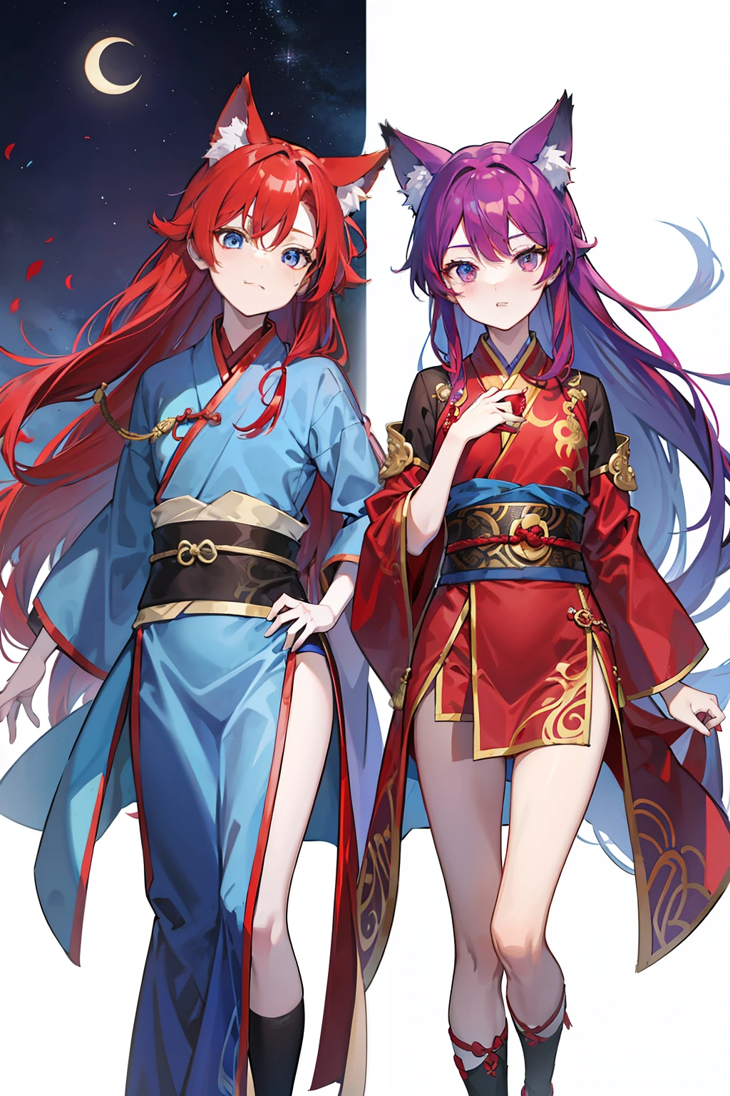 Kizi,Rosy red purple hair,blueneyes,fox ear,Ancient Chinese clothing,full bodyesbian,long blue robes,bloomer,long whitr hair,Qi bangs,Set the chart,Handsome