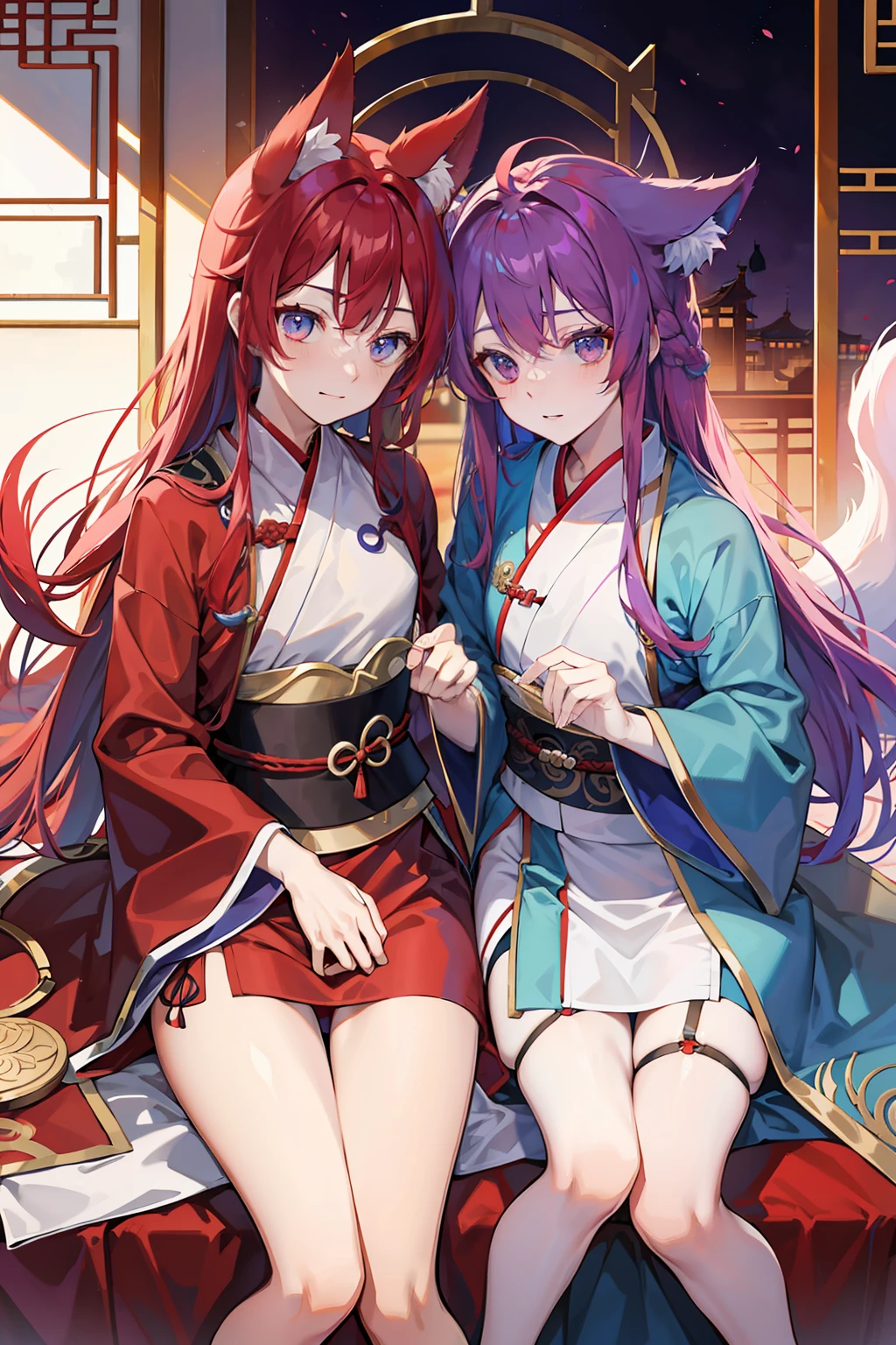 Kizi,Rosy red purple hair,blueneyes,fox ear,Ancient Chinese clothing,full bodyesbian,long blue robes,bloomer,long whitr hair,Qi bangs,Set the chart,Handsome