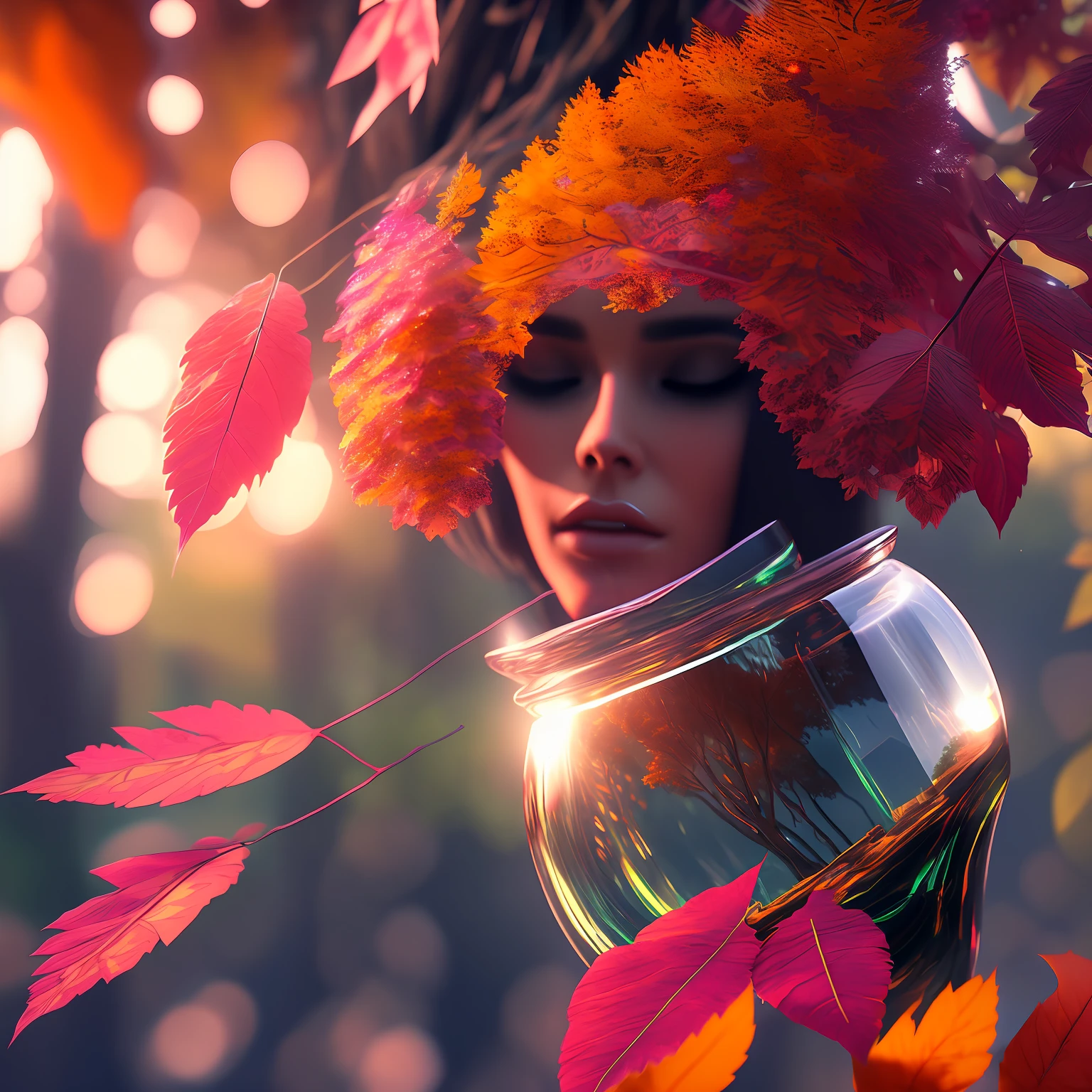 dreamlikeart tree in a bottle, fluffy, realistic, photo, canon, dreamlike, art, colorfull leaves and branches with flowers on top of its head. hyperdetailed photorealism by greg rutkowski - h 1024 w 804 | f 1 6 lens mark 2:2 s 3555 mm film grain :1 lifelike high res sharp focus contrast!! intricate detailed atmospheric light refraction lighting unreal engine 5 cinematic concept photography masterpiece octane render trending at cgsociety