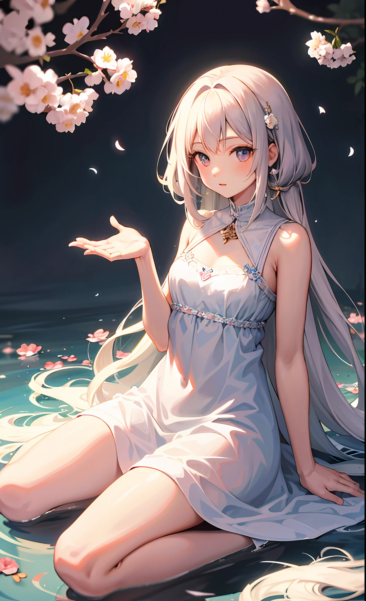 whaite hair，high qulity，A high resolution，tmasterpiece，19 year old anime girl，Delicate illustrations，The background is surrounded by flowers，delicated face，high detal，Vintage long dress