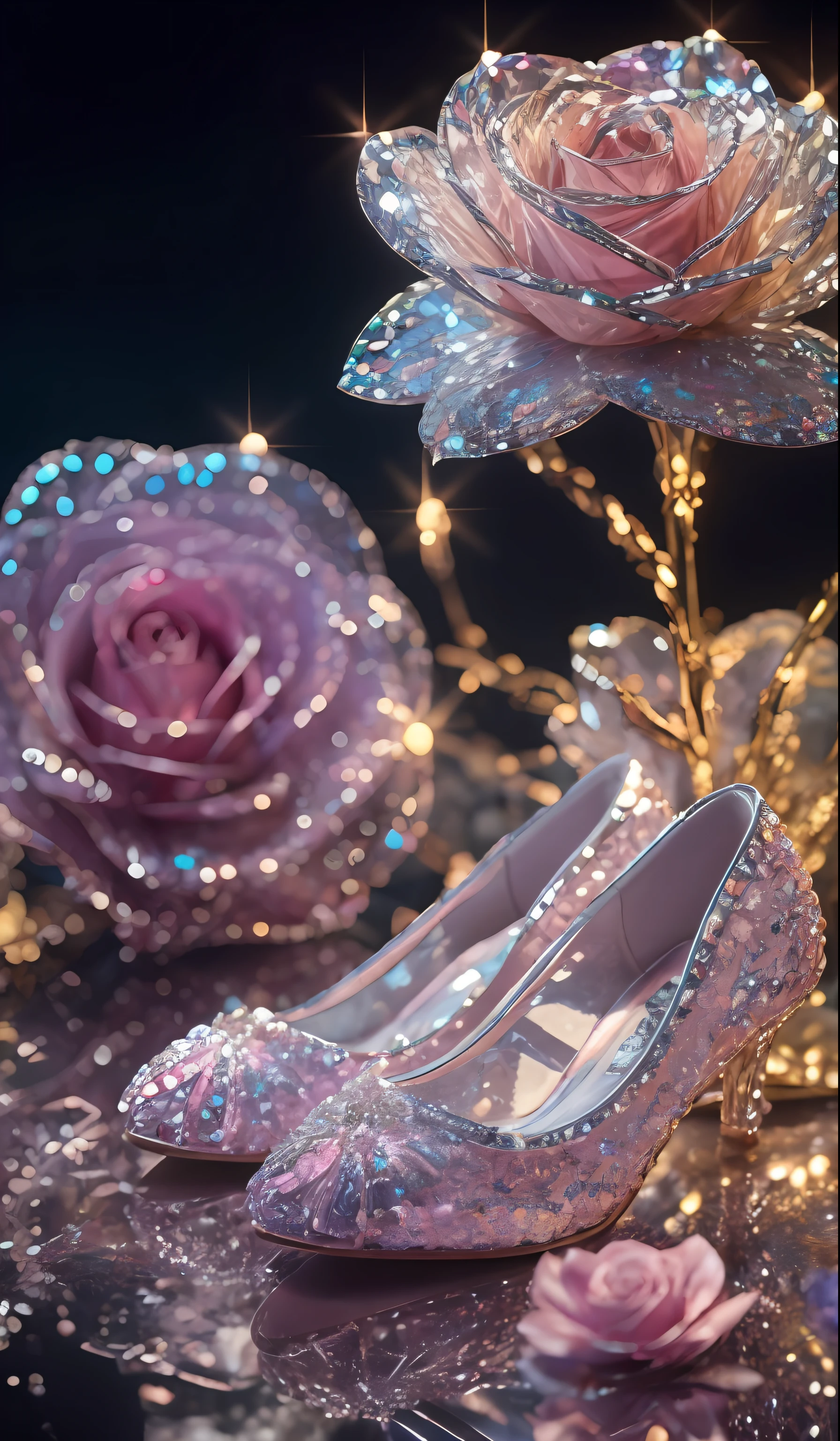 Crystal shoes and crystal roses， fanciful, galaxias, cleanness, glittery, glittery, Splendor, Colorful, Amazing photography, dramatic  lighting, photo-realism, ultra - detailed, 4K, depth of fields, A high resolution