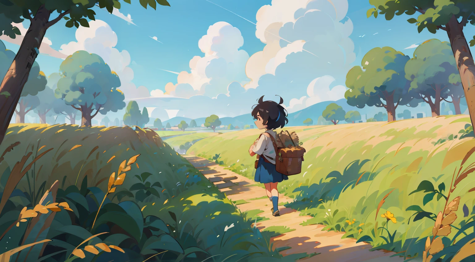 Nice clouds,Bright summer,Golden wheat fields,Makoto Miyazaki,Makoto Shinkai Cyril Rolando,incredible miyazaki,miyazaki's animated film,Studio Ghibli's art style,beautiful anime scenes,miyazaki movie,in the style of Hayao Miyazaki,inspired by Miyazaki,miyazaki movie,ghibli artstyle,(best qualtiy),Bright colors,exteriors, an overgrown, paths, flod, pathway, Rochas, scenecy, Skysky,waterfallr ,rays of sunshine,immense wheat fields,Illustration style,8K,4K,Blue_sky,high saturated,Pubic area is clear,without humans,detail-rich,Epic composition,clear colors,Natural beauty,(illustratio:1.0),Reasonable structure,cartoonish style,Landscape oil painting,fanciful,Wheat,in a serene landscape