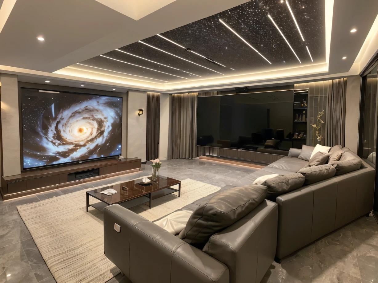 ，Masterpiece, Best quality，8K, 超高分辨率，Reallightandshadow，High-end luxury living room，The seats are made of high-quality leather，Delicate and comfortable。A huge projection screen hangs on the wall，When you open it, It's like entering a mysterious cinema。Realistic 3D graphics and stunning sound create an immersive movie-watching experience，It's intoxicating。The ceiling next to it is inlaid with starlight，Like twinkling stars in the night sky，It gives a wonderful feeling of infinite reverie。