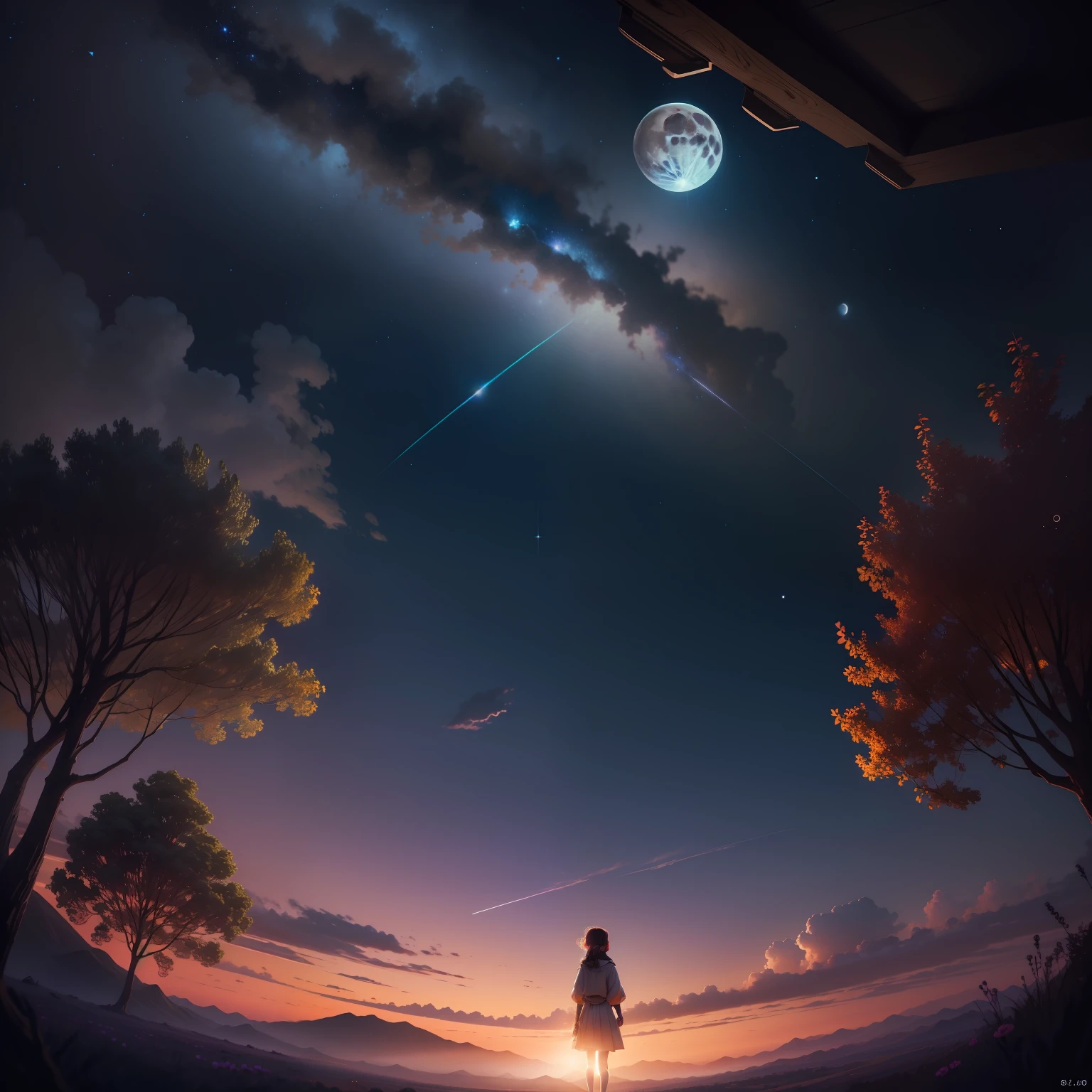Expansive landscape photograph, (view from below with a view of the sky and the wilderness below), little girl standing in a flower field looking up, (full moon: 1.2), (shooting star: 0.9), (nebula: 1.3), distant mountain, tree break production art, (warm light source: 1.2), (firefly: 1.2), lamp, purple and orange, intricate detail, volume lighting BREAK (masterpiece: 1.2), (highest quality ), 4k, ultra-detailed, (dynamic configuration: 1.4), highly detailed and colorful details (iridescent: 1.2), (sparkling lighting, atmospheric lighting), dreamy, magical, (solo: 1.2)