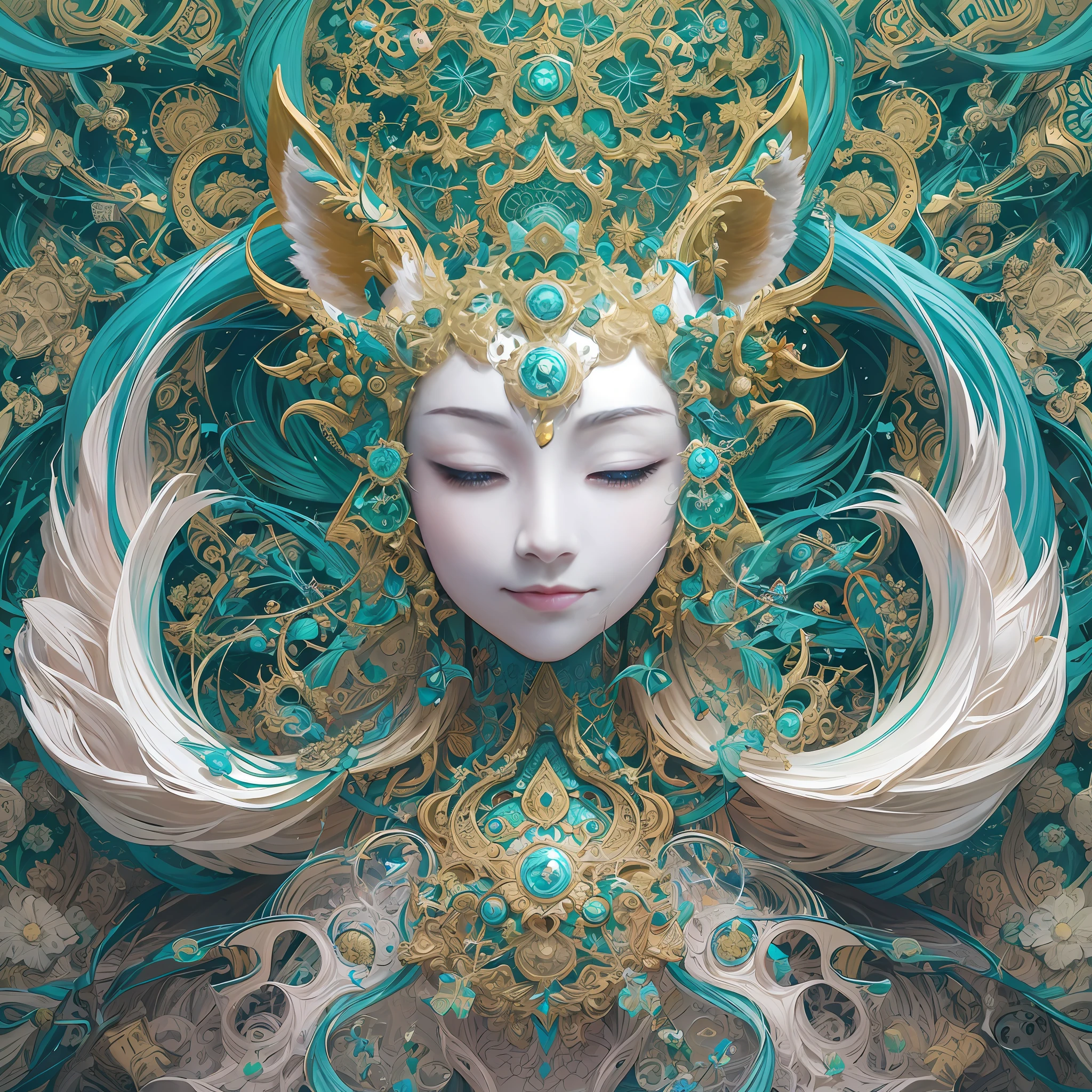 Imagine tranquil scenes inspired by Buddhist philosophy,A vibrant lotus flower stands against a background of intense turquoise tones。The lotus flower symbolizes purity and enlightenment,Intricate petals bloom,emanating a sense of serenity。When you gaze deeper into the image,You will notice an arrangement similar to a mandala,The constellations are elegantly arranged。A fusion of Buddhist symbolism with astrological elements,a harmonious integration,Invites contemplation and a sense of eternal connection。(The sculpture is surrealist and realist: 1.5), (golden colored,Blue and white porcelain mask), (Metal wings: 1.2), (Fox futuristic mask: 1.2), (Internet pop kawaii fractal art: 1.6), (The art style of Tobias Gramller,Gently slide the shape of the feeling: 1.6), (Organic geometric mixture: 1.6),Ultra-high resolution: 1.4),(particle fx: 1.4), (Depth of field: 1.4), (geometric-dotist abstraction: 1.6), (generative fluid fractal algorithm: 1.6).