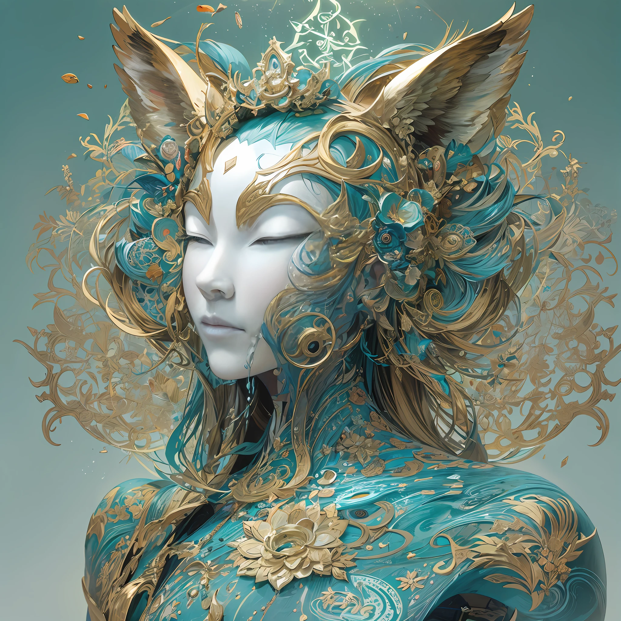 Imagine tranquil scenes inspired by Buddhist philosophy,A vibrant lotus flower stands against a background of intense turquoise tones。The lotus flower symbolizes purity and enlightenment,Intricate petals bloom,emanating a sense of serenity。When you gaze deeper into the image,You will notice an arrangement similar to a mandala,The constellations are elegantly arranged。A fusion of Buddhist symbolism with astrological elements,a harmonious integration,Invites contemplation and a sense of eternal connection。(The sculpture is surrealist and realist: 1.5), (golden colored,Blue and white porcelain mask), (Metal wings: 1.2), (Fox futuristic mask: 1.2), (Internet pop kawaii fractal art: 1.6), (The art style of Tobias Gramller,Gently slide the shape of the feeling: 1.6), (Organic geometric mixture: 1.6),Ultra-high resolution: 1.4),(particle fx: 1.4), (Depth of field: 1.4), (geometric-dotist abstraction: 1.6), (generative fluid fractal algorithm: 1.6).