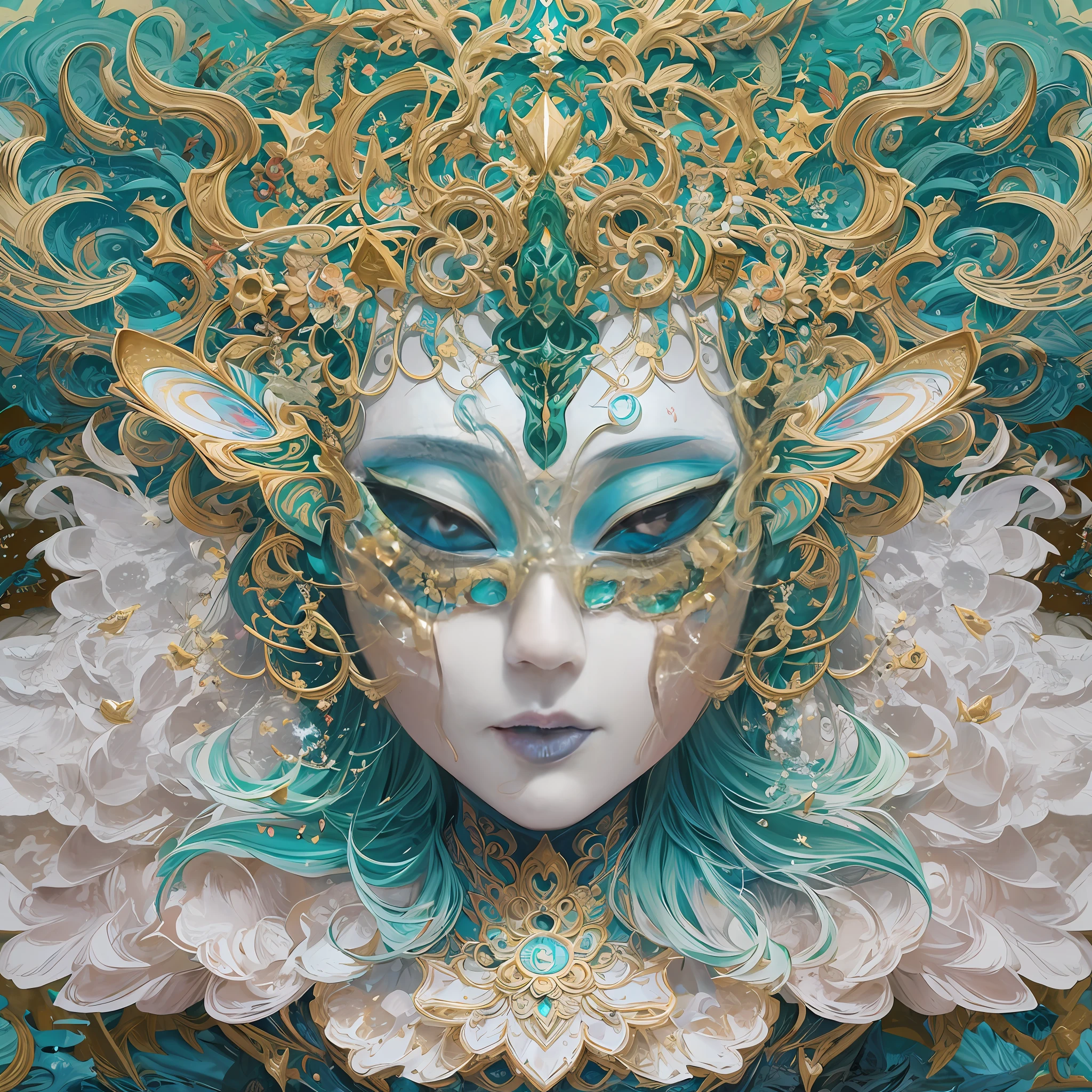 Imagine tranquil scenes inspired by Buddhist philosophy,A vibrant lotus flower stands against a background of intense turquoise tones。The lotus flower symbolizes purity and enlightenment,Intricate petals bloom,emanating a sense of serenity。When you gaze deeper into the image,You will notice an arrangement similar to a mandala,The constellations are elegantly arranged。A fusion of Buddhist symbolism with astrological elements,a harmonious integration,Invites contemplation and a sense of eternal connection。(The sculpture is surrealist and realist: 1.5), (golden colored,Blue and white porcelain mask), (Metal wings: 1.2), (Fox futuristic mask: 1.2), (Internet pop kawaii fractal art: 1.6), (The art style of Tobias Gramller,Gently slide the shape of the feeling: 1.6), (Organic geometric mixture: 1.6),Ultra-high resolution: 1.4),(particle fx: 1.4), (Depth of field: 1.4), (geometric-dotist abstraction: 1.6), (generative fluid fractal algorithm: 1.6).