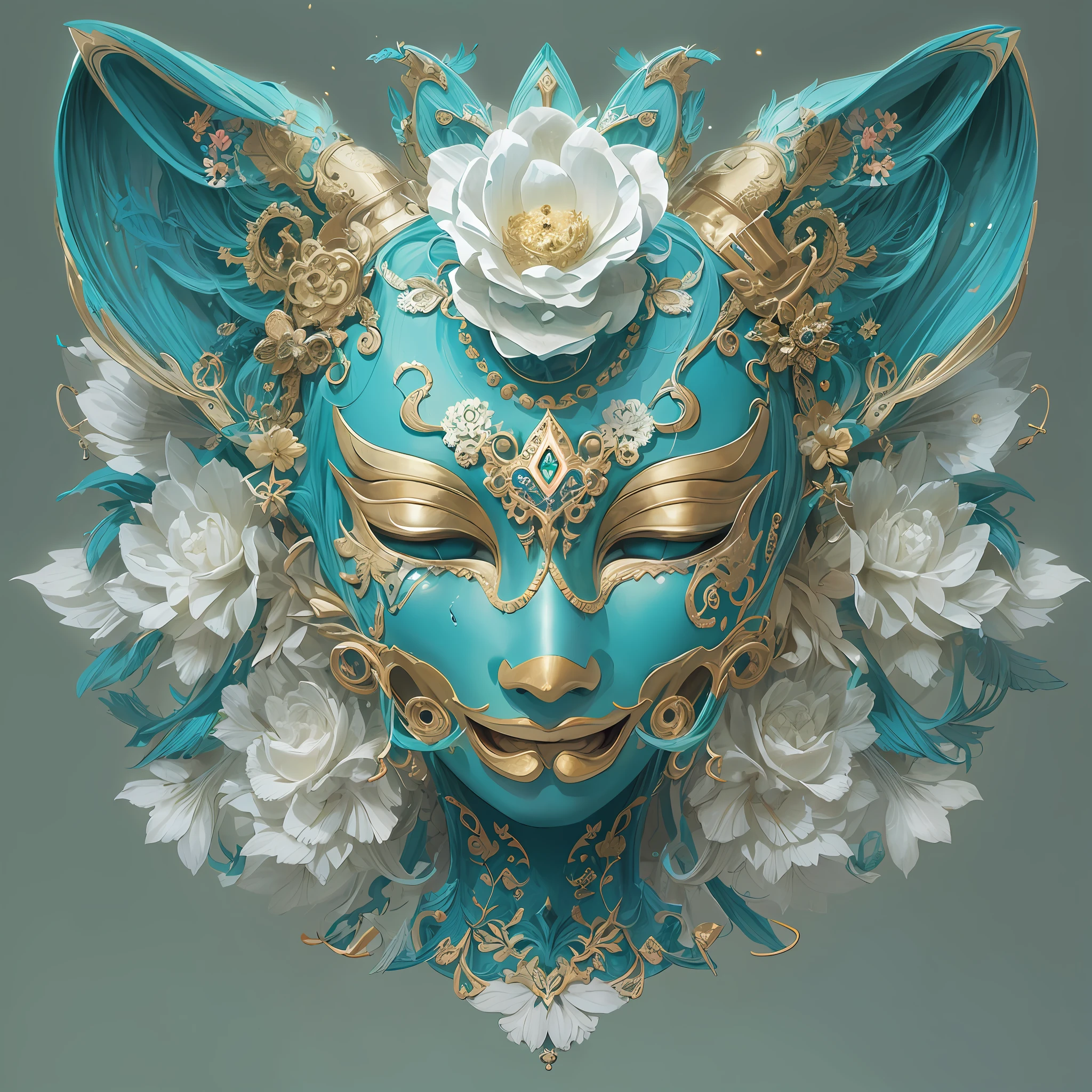 Imagine tranquil scenes inspired by Buddhist philosophy,A vibrant lotus flower stands against a background of intense turquoise tones。The lotus flower symbolizes purity and enlightenment,Intricate petals bloom,emanating a sense of serenity。When you gaze deeper into the image,You will notice an arrangement similar to a mandala,The constellations are elegantly arranged。A fusion of Buddhist symbolism with astrological elements,a harmonious integration,Invites contemplation and a sense of eternal connection。(The sculpture is surrealist and realist: 1.5), (golden colored,Blue and white porcelain mask), (Metal wings: 1.2), (Fox futuristic mask: 1.2), (Internet pop kawaii fractal art: 1.6), (The art style of Tobias Gramller,Gently slide the shape of the feeling: 1.6), (Organic geometric mixture: 1.6),Ultra-high resolution: 1.4),(particle fx: 1.4), (Depth of field: 1.4), (geometric-dotist abstraction: 1.6), (generative fluid fractal algorithm: 1.6).