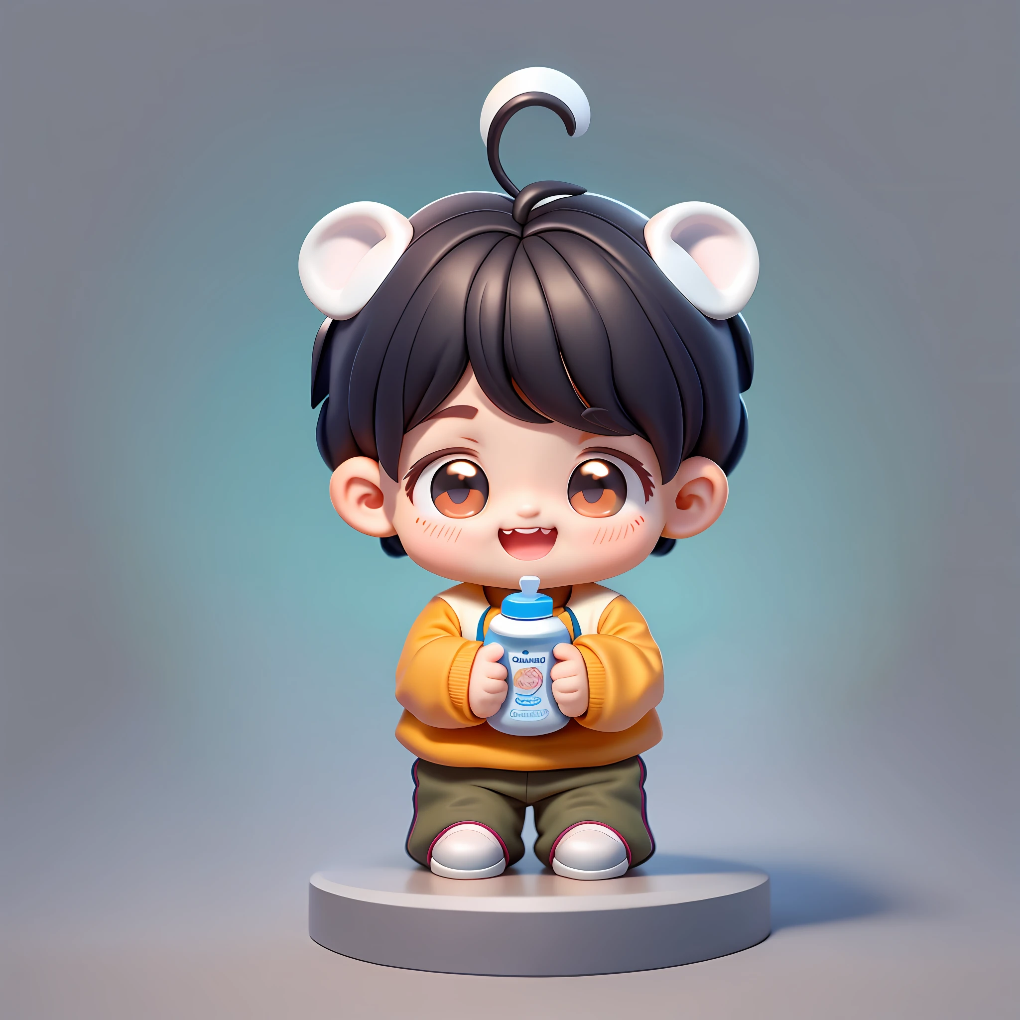 Please generate an image in a blind box style featuring a joyful little boy. The boy has adorable black panda ears and a happy expression on his face with his mouth wide open. He is holding an infant feeding bottle with both hands. He is wearing a light grey pullover with black sleeves that reach his wrists. His pants are khaki in color, and he is wearing white shoes. When he smiles, his top and bottom front baby teeth are visible, giving him an endearing look. Additionally, there is a nevus located below his lower right lip.