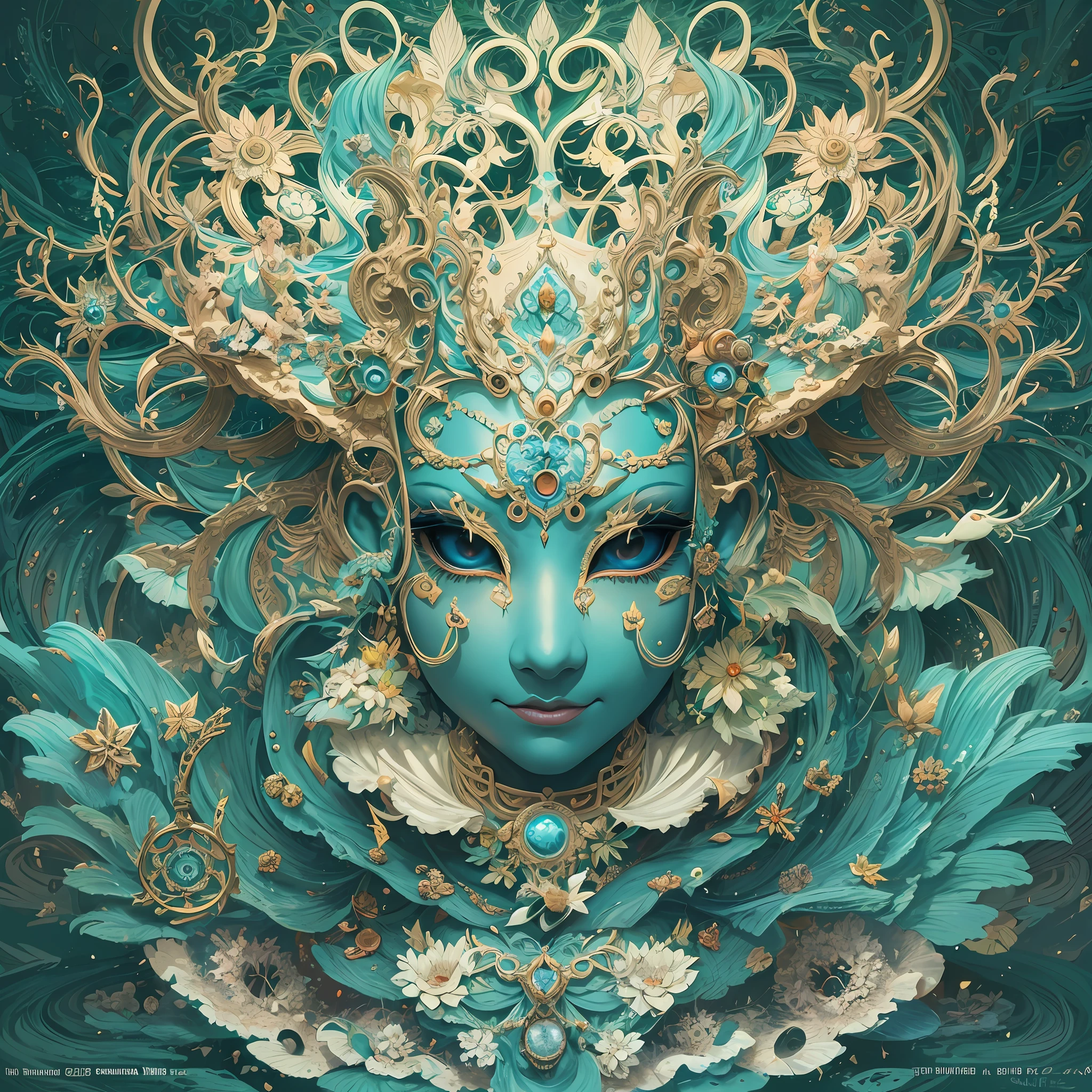 Imagine tranquil scenes inspired by Buddhist philosophy,A vibrant lotus flower stands against a background of intense turquoise tones。The lotus flower symbolizes purity and enlightenment,Intricate petals bloom,emanating a sense of serenity。When you gaze deeper into the image,You will notice an arrangement similar to a mandala,The constellations are elegantly arranged。A fusion of Buddhist symbolism with astrological elements,a harmonious integration,Invites contemplation and a sense of eternal connection。(The sculpture is surrealist and realist: 1.5), (golden colored,Blue and white porcelain mask), (Metal wings: 1.2), (Fox futuristic mask: 1.2), (Internet pop kawaii fractal art: 1.6), (The art style of Tobias Gramller,Gently slide the shape of the feeling: 1.6), (Organic geometric mixture: 1.6),Ultra-high resolution: 1.4),(particle fx: 1.4), (Depth of field: 1.4), (geometric-dotist abstraction: 1.6), (generative fluid fractal algorithm: 1.6).