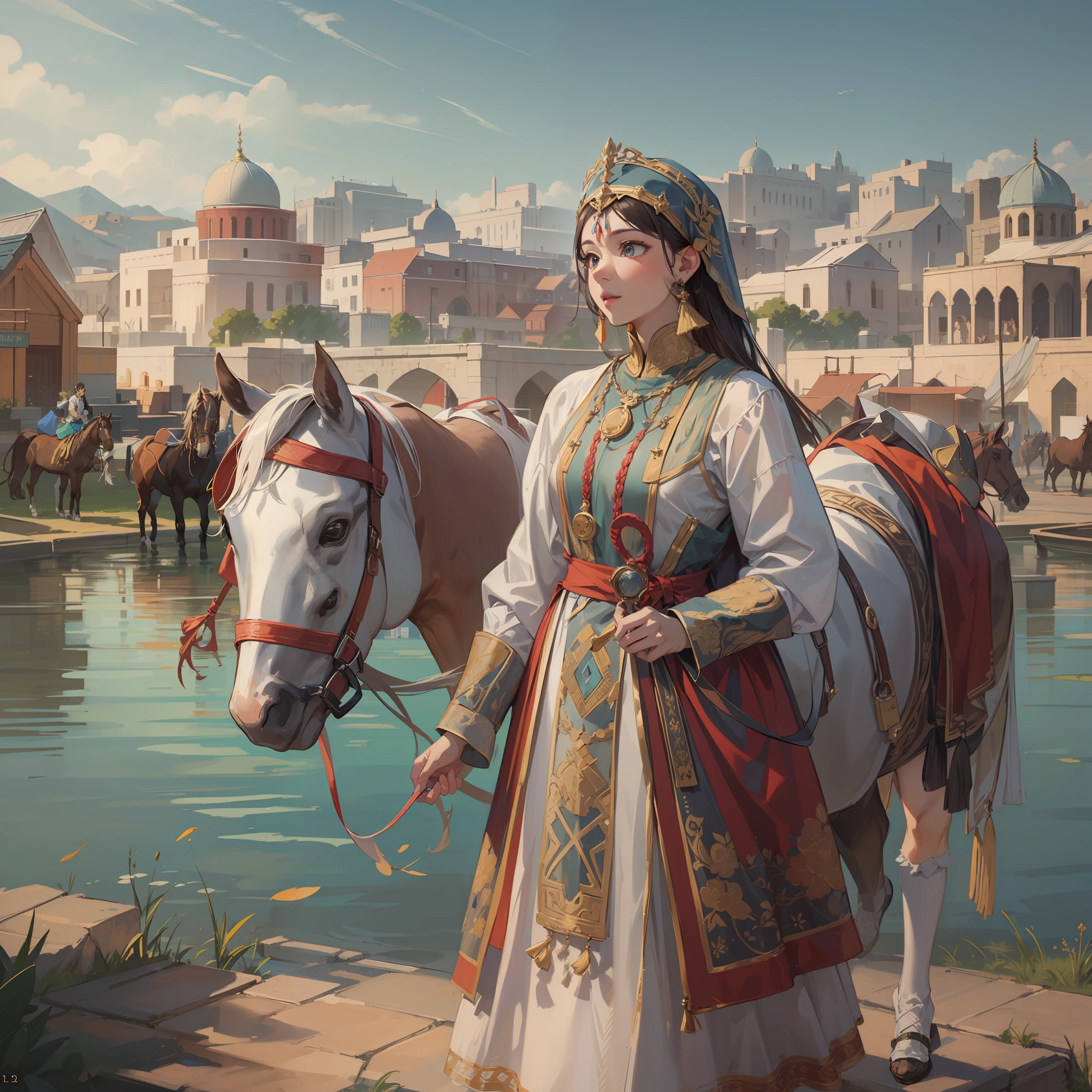 Medieval Central Asian national costume,Cityscape of Medieval Central Asia,Dynamic horses,Undulating lakes,(4k), (Raw photo: 1.2), (Realism: 1.4), (masutepiece: 1.3), (exquisite detailing: 1.2), Delicate and beautiful details, (Eye Detail), (Facial Detailed), (Highest Quality) :1.4), (Hyper-Resolution: 1.2),(very detailed illustration), Best Quality, depth of fields, Wide light, natural shadows