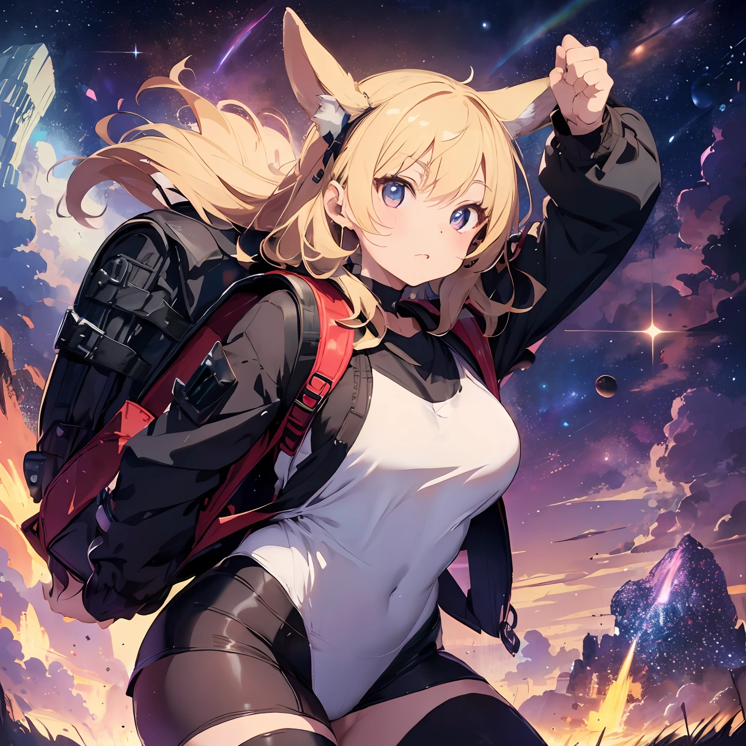 Punching、rainboweffect、The background is outer space、Space debris is floating、Active Pose、(Fractal Bodysuit:1.3)、Bodysuit and sleeveless sailor suit fusion、Fractal Multicolor Running Shoes、Thick eyebrows、Chest、(Huge backpack:1.5)、Giant comets、Beautiful blonde hair、Rabbit ears、(masterpiece)、((top-quality))、(ultra-detailliert)、(in 8K)、Full Body Anime Girl、Clean and detailed anime face、High Resolution Anime Eyes、Beautiful fingers、Five Fingers、HighDynamicRange、The perfect human structure、