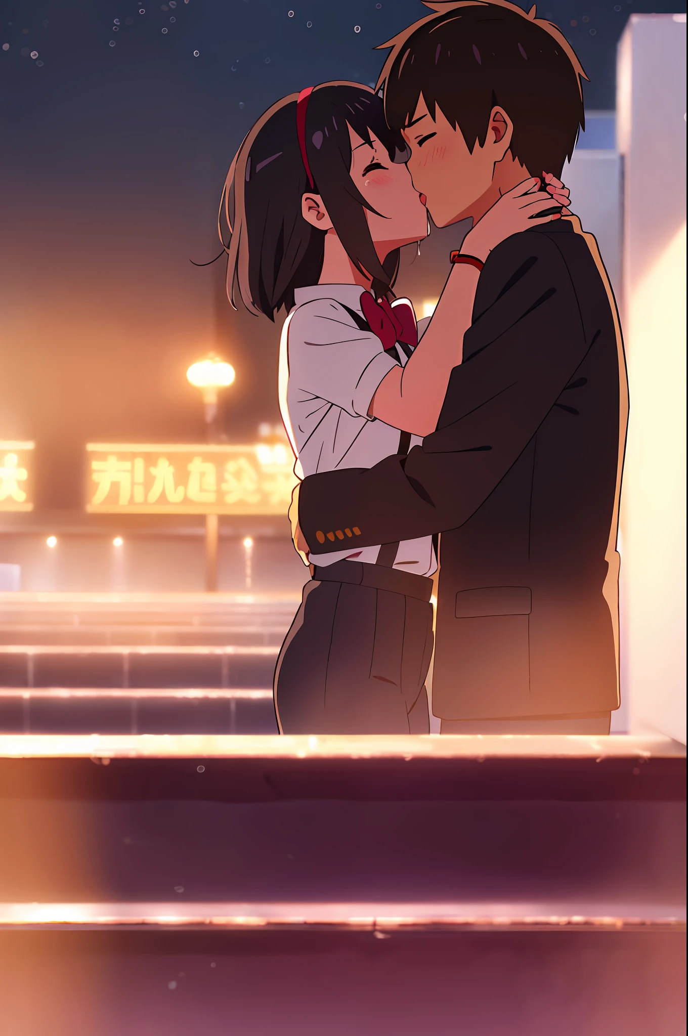 shinkai makoto, kimi no na wa., 1girl, 1boy, bangs, black hair, blush, Suspender Clothes, red bow, red headband, red ribbon, short hair, cute, love, couple, adorable, long sleeves, dating, (kiss, deep kiss, tongue, saliva), (closed eyes, tears), night, nightview, scenery, dynamic lights, outdoors, bracelet, passionate hug
