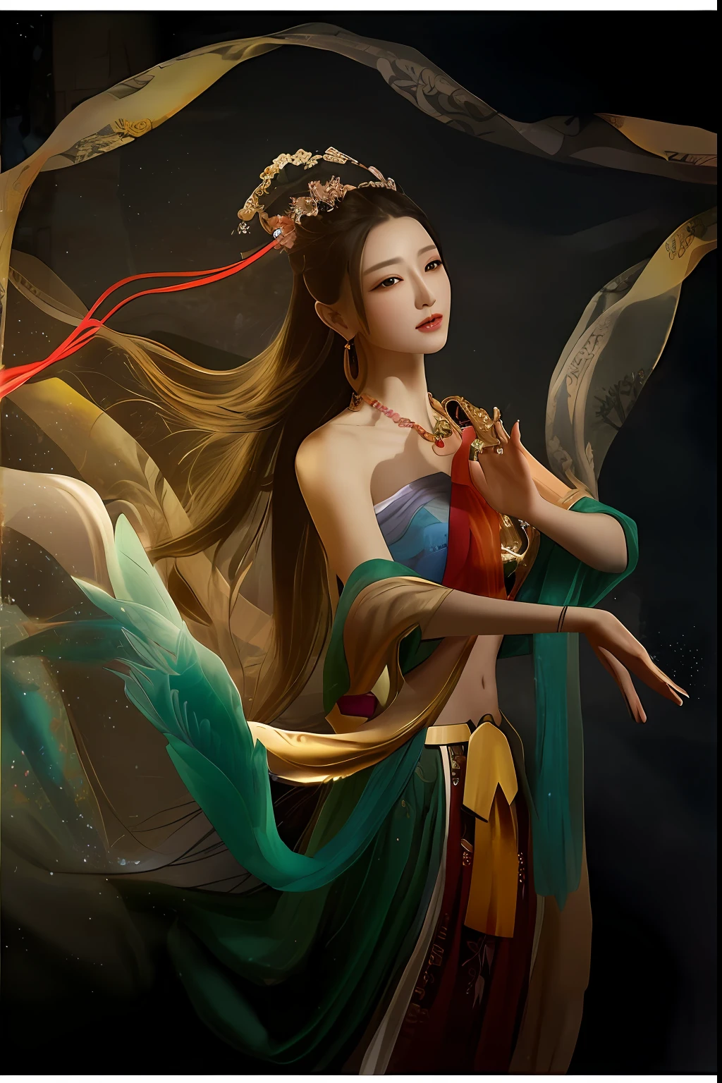 Arad woman in colorful dress，A bird in his hand, a stunning young ethereal figure, Inspired by Lan Ying, Beautiful character painting, Inspired by Qiu Ying, a beautiful fantasy empress, a stunning portrait of a goddess, by Yang J, inspired by Tang Yin, Palace ， A girl in Hanfu, Wearing ancient Chinese clothes