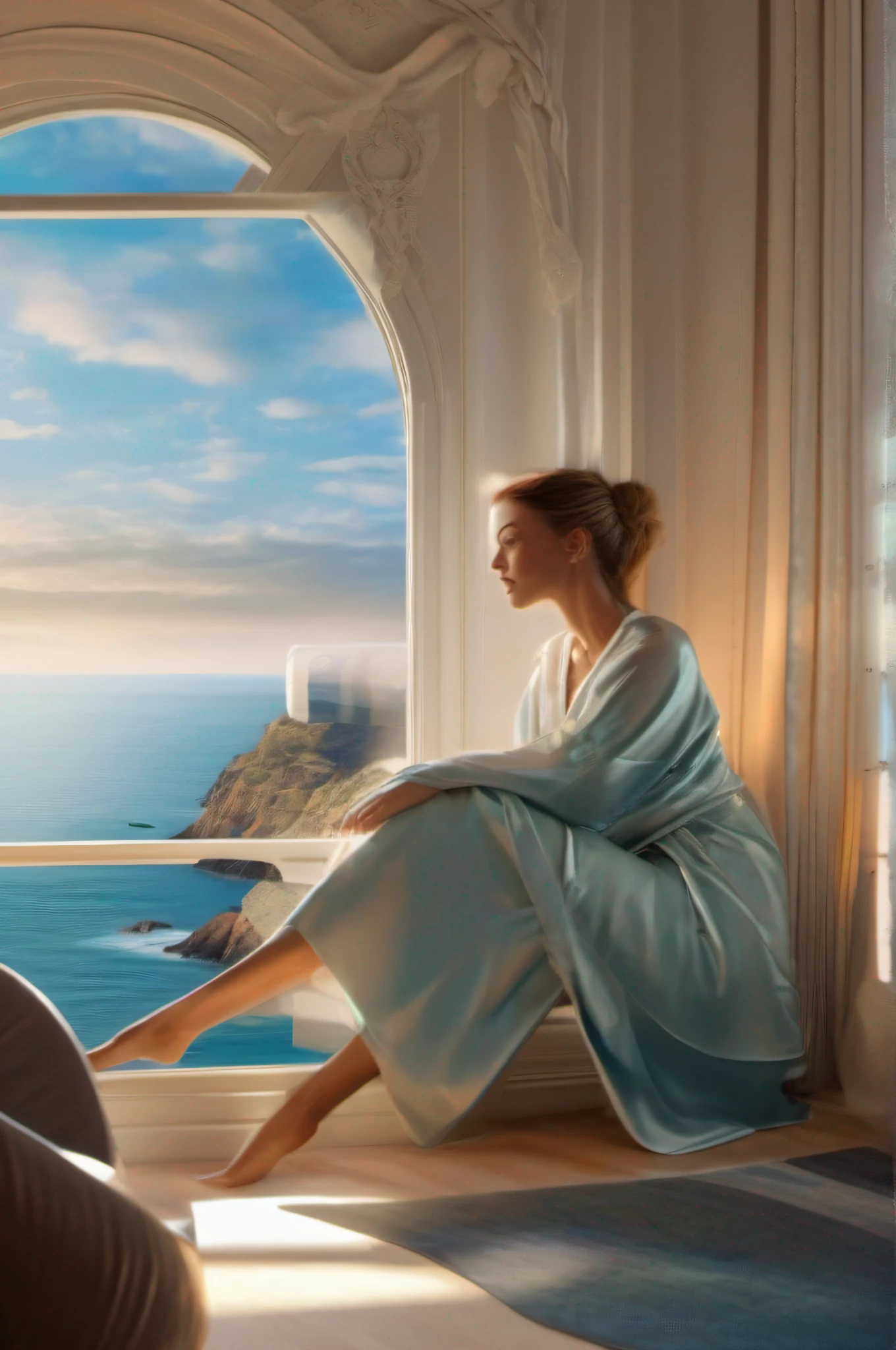 Living room design,sci-fi themed,Bright windows,sea view outside the window,Beautiful woman snuggled up in window
