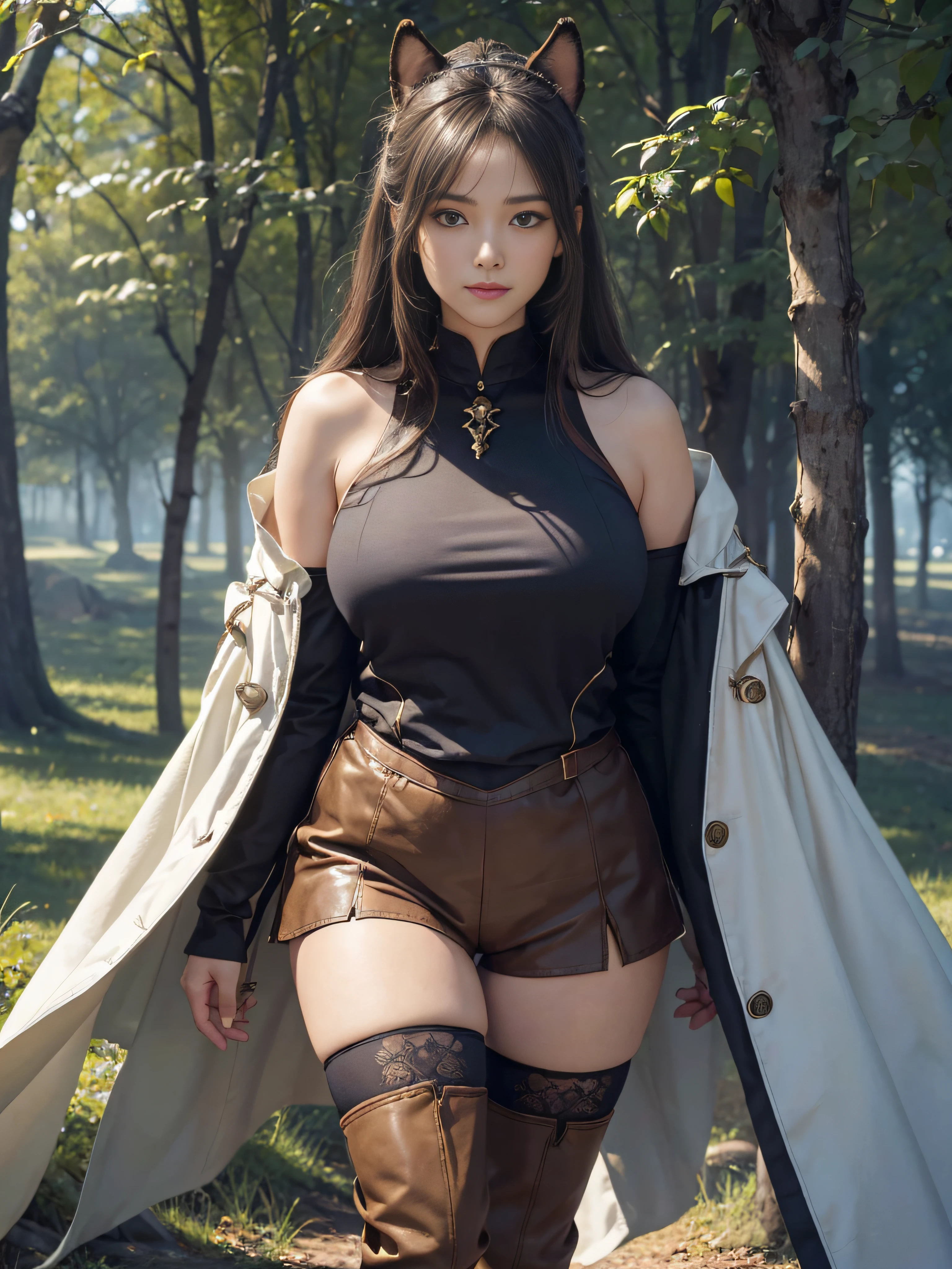 (Hyper-realistic) , (illustratio), (Increase the resolution), (8K), (extremely detaile), (Most Best Illustration), (美丽细致的眼睛), (best qualtiy), (ultra - detailed), (tmasterpiece), ( wallpaper), (详细的脸), (There is only one person in the scene:1.5), super tall,The temperament of a queen,tmasterpiece,best qualityer,Hyper-detailing,Full body illustration,Fine and detailed eyes and detailed face) garments:There are animal ears,Full-fledged orcs,cruel grin,Upper body tattered clothes,Wrap the whole body,The lower body is wearing animal skin shorts,Wear knee-length boots,Pantyhose stockings,Cloth boots,The cuffs of the boots are a layer of fluff,Exposing the appearance of the boots:Tall,Plump body,Plump,Wide buttock,Strong,huge tit,There are muscles,The stands up,Go ahead,(big assa:1.4),(thick thight:1.6),Outdoor forest