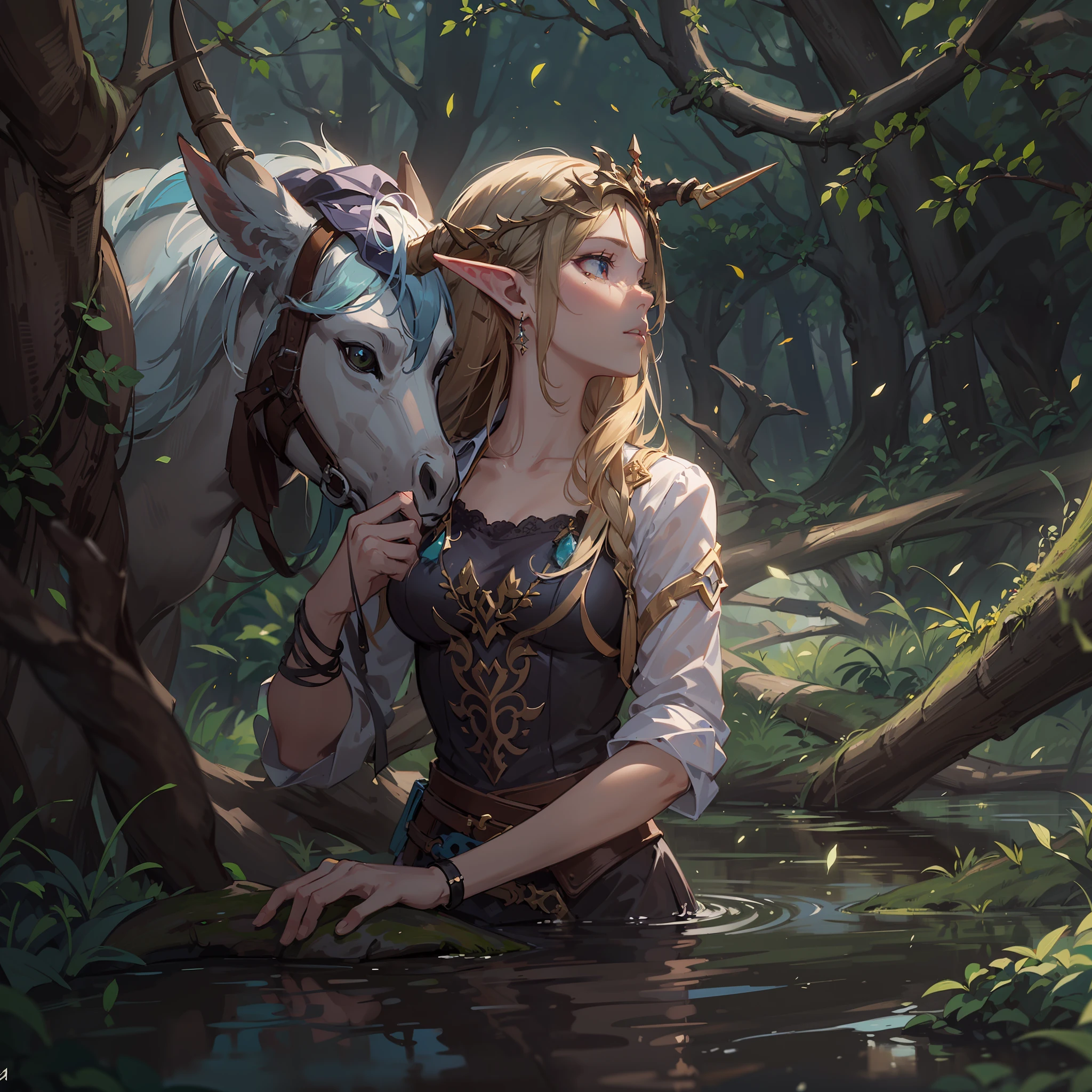 fallen wood,Elf with a bow:1.1,Unicorn and Girl:1.1,Undulating lakes,deep-forest,Blowing in the wind,Has depth,(4k), (Raw photo: 1.2), (Realism: 1.4), (masutepiece: 1.3), (exquisite detailing: 1.2), Delicate and beautiful details, (Eye Detail), (Facial Detailed), (Highest Quality) :1.4), (Hyper-Resolution: 1.2),(very detailed illustration), Best Quality, depth of fields, Wide light, natural shadows