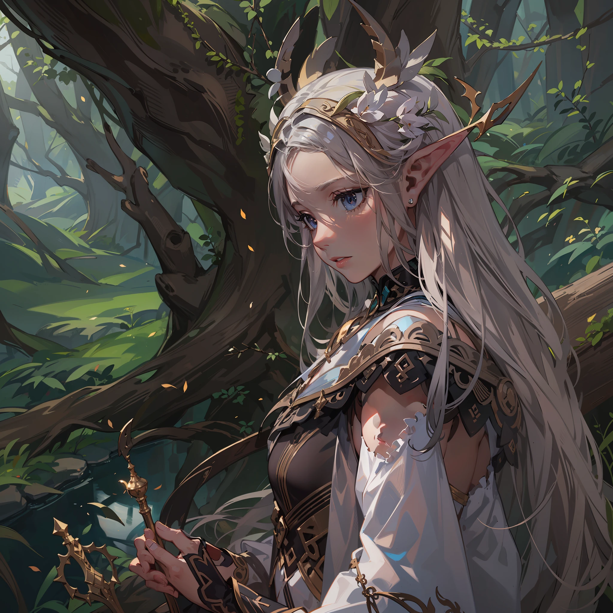 fallen wood,Elf with a bow:1.1,Unicorn and Girl:1.1,Undulating lakes,deep-forest,Blowing in the wind,Has depth,(4k), (Raw photo: 1.2), (Realism: 1.4), (masutepiece: 1.3), (exquisite detailing: 1.2), Delicate and beautiful details, (Eye Detail), (Facial Detailed), (Highest Quality) :1.4), (Hyper-Resolution: 1.2),(very detailed illustration), Best Quality, depth of fields, Wide light, natural shadows