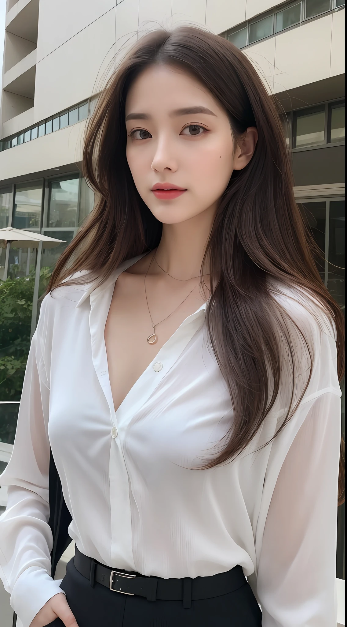(top quality, high resolution, masterpiece: 1.3), tall and pretty woman, slender abs, dark brown hair styled with loose waves, chest, wearing pendant, white button-up shirt, belt, black skirt, (modern architecture in background), exquisitely rendered details on face and skin texture, detailed eyes, double eyelids, no bra, shirt fitted to bare skin, from above