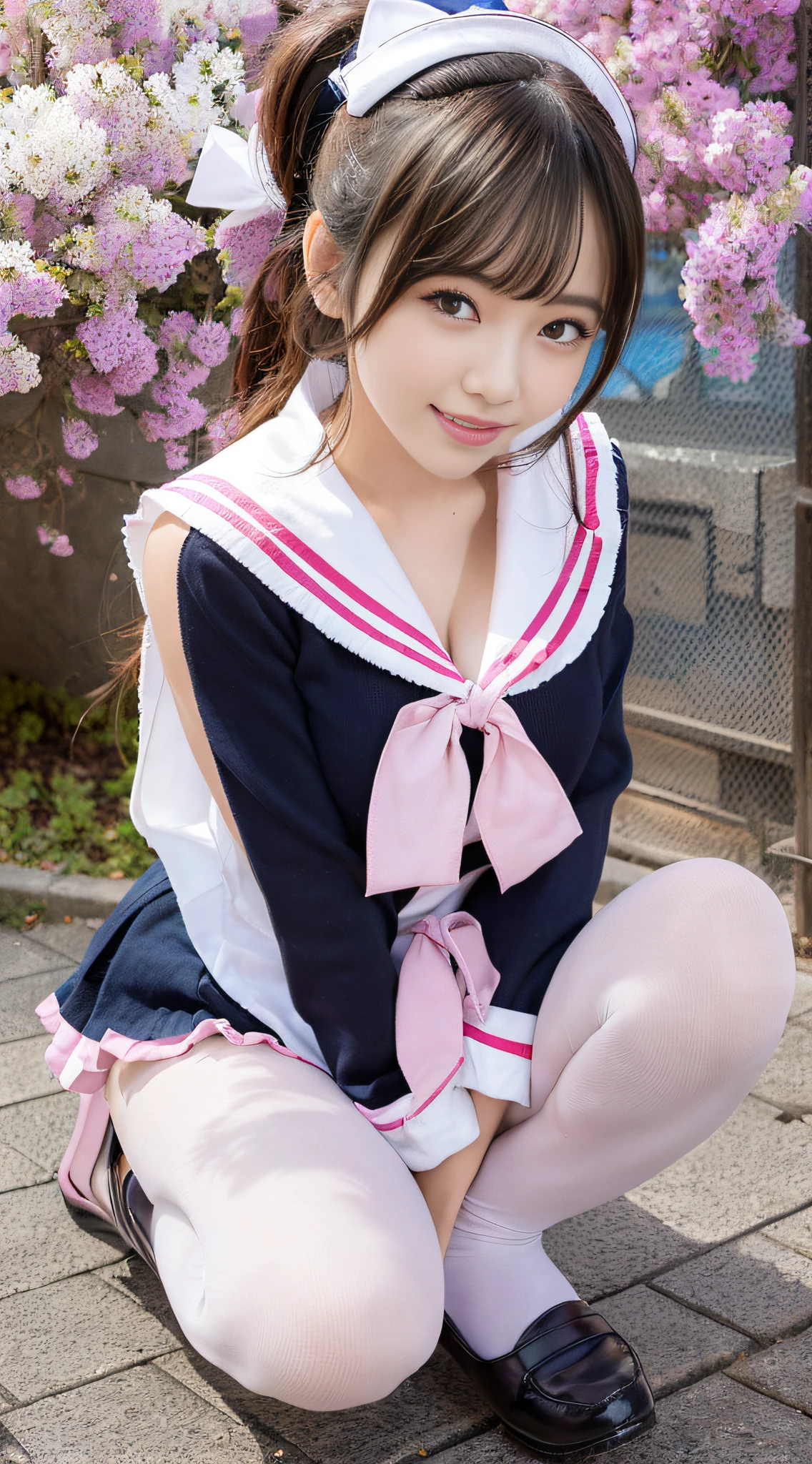 (a sailor suit:1.3)、hi-school girl、Sexy and cute、Colossal tits、perspiring、Wet crotch、seductive angles、(White pantyhose:1.2)、Best Quality, masutepiece, 超A high resolution, (Photorealistic:1.4), Raw photo,8K,japanes、女の子1人、、Perfect looks、hi-school girl、Harajuku、In the middle of the road of Odori、cute face、A smile、(Full body portrait:1.2)、stunningly beautiful、dynamicposes、delicated face、Lively eyes、No letters、No logo、Ponytail and scrunchie、((Stand with your feet shoulder-width apart:1.2)、 Wriggle your hips slightly、Cute smile、cammel toe、Black loafers、(a miniskirt:1.2)、((pink panty:1.2))、crouch down、Spread your legs wide、squatt