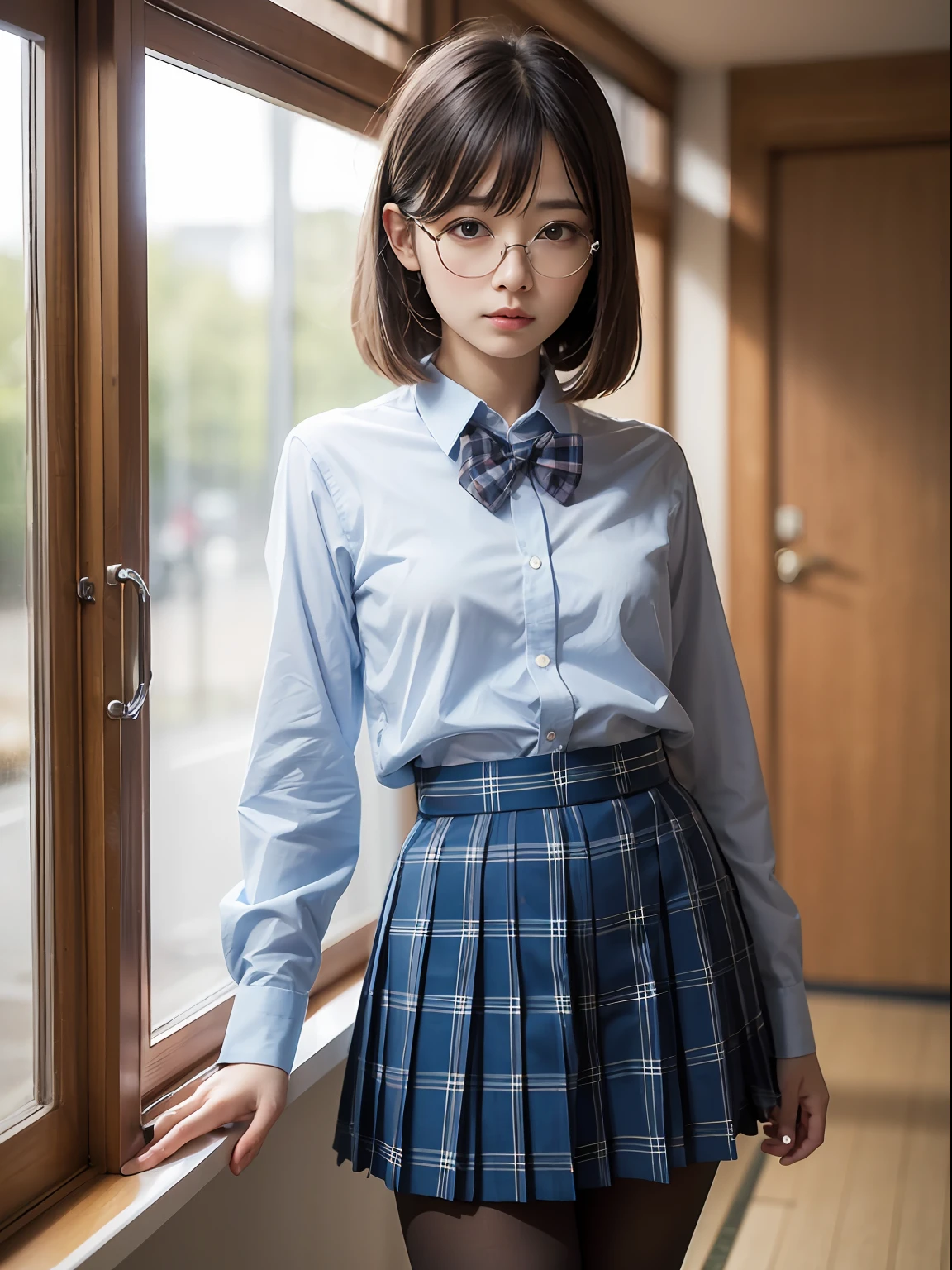 (8K、Raw photography、top-quality、masterpiece:1.2),de pele branca,kne,(Black pantyhose),absurderes,a small face,small tits,flat breast,Parting the bangs from the middle、Forehead visible,(Tight eyes,glares,Bullish,skinny,Rasping,irate)、masterpiece,top-quality、超A high resolution,Raw photo,ren,Beautiful fece,One Person, 独奏,eye glass,,Dark look,Small breasts,fullllbody,Round glasses、cute little、JK school uniform,hi-school girl,A Japanese Lady,is standing,(Photorealsitic:1.37)、Photon mapping,Light blue ribbon,Realistic、Cute little face,Brown-eyed、Black socks、(Red bow tie)、Radio City、Physically Based Rendering、Foreground、depth of fields、Blurry background、a picture,The girls、Body,beauty legs, Long legs, Thin leg,Long bob cut,(Bangs are visible), hair, s lips, Blue_The eye, nosesoft,(Light blue shirt), (Navy and blue and white plaid pleated skirt), Knees are visible,Sheer clothing,, Thigh, Black cotton socks,Nogizaka Idol, 女優, Japanese ido