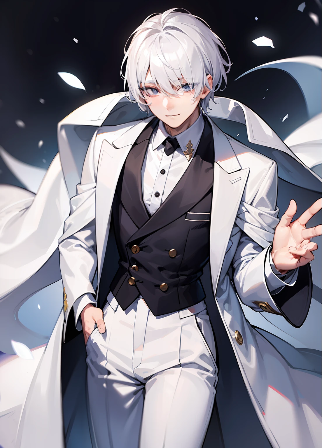 1boy, white hair, bangs covering one eye, white coat, black suit, white pants, mysterious smile