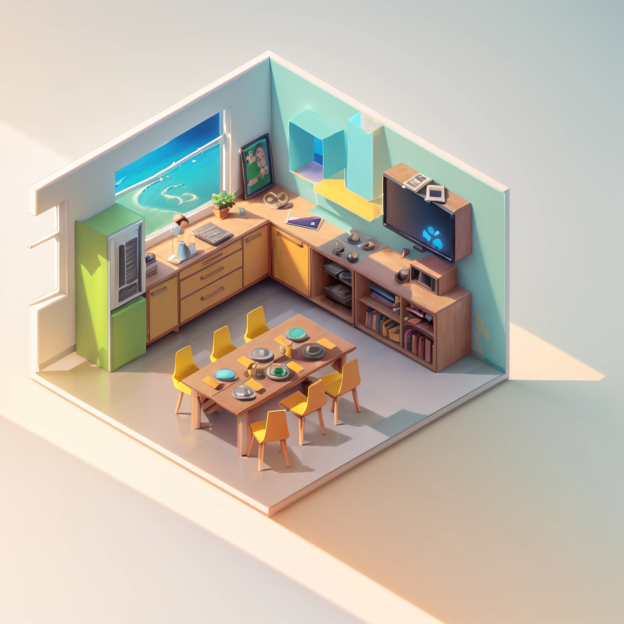 (Isometric perspective:1.5),(Pixar style:1.2), Room, bed, sofa,(small bonsai:0.8),desk lamp, TV, mural, 3D,Disney,Panoramic photo,White background, solid background,Global illumination, raytracing, modeling,HDR,octane render,unreal render,behance,dribbble,artstation,best quality, 8k,