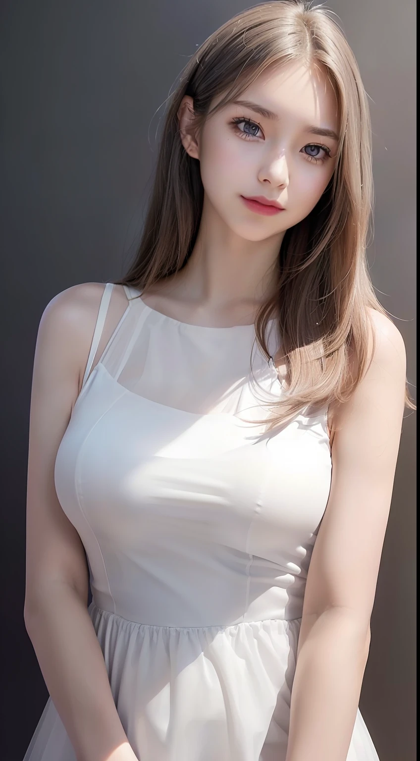 photo of a 18 y.o girl, beautiful vintage color, instagram (photorealistic, high resolution:1.4), ((y eyes)), looking at viewer, , full body (8k, RAW photo, best quality, masterpiece:1.2), (realistic, photo-realistic:1.37), (sharp focus:1.2), professional lighting, photon mapping, radiosity, physically-based rendering, (pale skin:1.2), (medium brea), looking at viewer, (middle hair:1.5), portrait, purple eyes, (sliver hair:1.1), bangs, (simple background:1.4), solo, upper body, realistic, (masterpiece:1.4), (best quality:1.4), (shiny skin), fashion girl, makeup, smile(skinny, closed mouth,shy:1.3), (sheer sun dresses:1.5513), (standing:1.1), medium bust, sexy pose, FW:1.2},