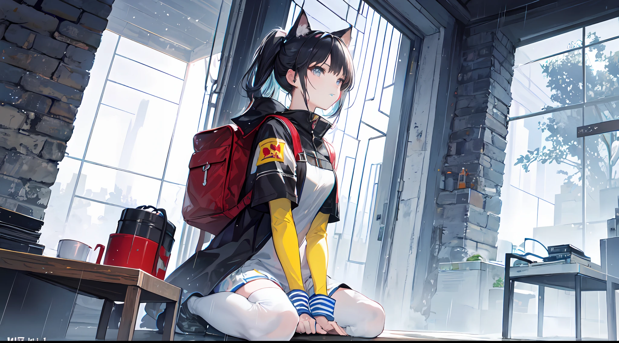 ((high qulity)), ((tmasterpiece)), 8K, Girls, bulletproof vest, llight rays, Extremely detailed CG unifies 8K, 8K, Diamond, and wallpaper, GameCG, looking at viewert, mitts, Boots, full bodyesbian, Wrist watch, Computer,Masks,UAVs,handheldweapons,Earphone,jaket,Bao,backpacks,Ark of tomorrow style,Black and white blend trench coat,围巾,with short white hair,Issuing,The sword,yellow armband,Yellow band,Black strap,blue stripe,red color eyes,The sword,Firearms,Straighten your hair with both hands,Detailed hands,detailed back ground,detailed face with,A masterpiece of the Rhode Island Bridge,(best qualtiy:1.2),(super-fine:1.2),illustratio,(Extremely refined and beautiful:1.2),Movie Angle,floatking,(beatiful detailed eyes:1.1),(Detail light:1.1),电影灯光,Exquisite sky,woman,whaite hair,eBlue eyes,(high ponytails:1.1),cloaks,glowing light eyes,(themoon:1.2),(rays of moonlight:1.1),starrysky,(Light particles:1.1),Mist,Snow painting,full bloom,废墟,little bit of raining,,Earphone,White cat ears,Rained,Rain drops,Black hairpin,yellow armband,Blue sea,White tights,white stockings,城市,karo