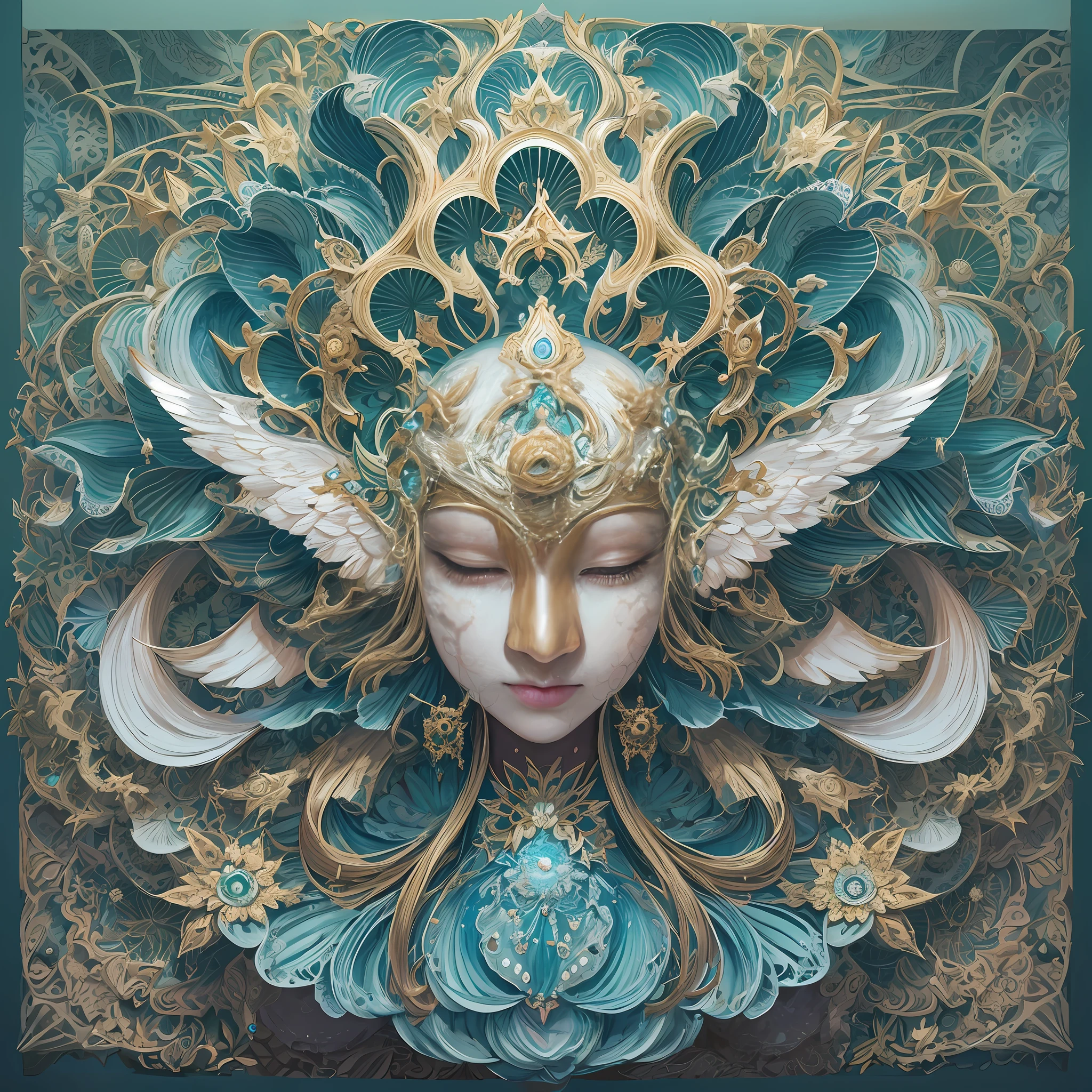 Imagine tranquil scenes inspired by Buddhist philosophy,A vibrant lotus flower stands against a background of intense turquoise tones。The lotus flower symbolizes purity and enlightenment,Intricate petals bloom,emanating a sense of serenity。When you gaze deeper into the image,You will notice an arrangement similar to a mandala,The constellations are elegantly arranged。A fusion of Buddhist symbolism with astrological elements,a harmonious integration,Invites contemplation and a sense of eternal connection。(The sculpture is surrealist and realist: 1.5), (golden colored,Blue and white porcelain mask), (Metal wings: 1.2), (Fox futuristic mask: 1.2), (Internet pop kawaii fractal art: 1.6), (The art style of Tobias Gramller,Gently slide the shape of the feeling: 1.6), (Organic geometric mixture: 1.6),Ultra-high resolution: 1.4),(particle fx: 1.4), (Depth of field: 1.4), (geometric-dotist abstraction: 1.6), (generative fluid fractal algorithm: 1.6).