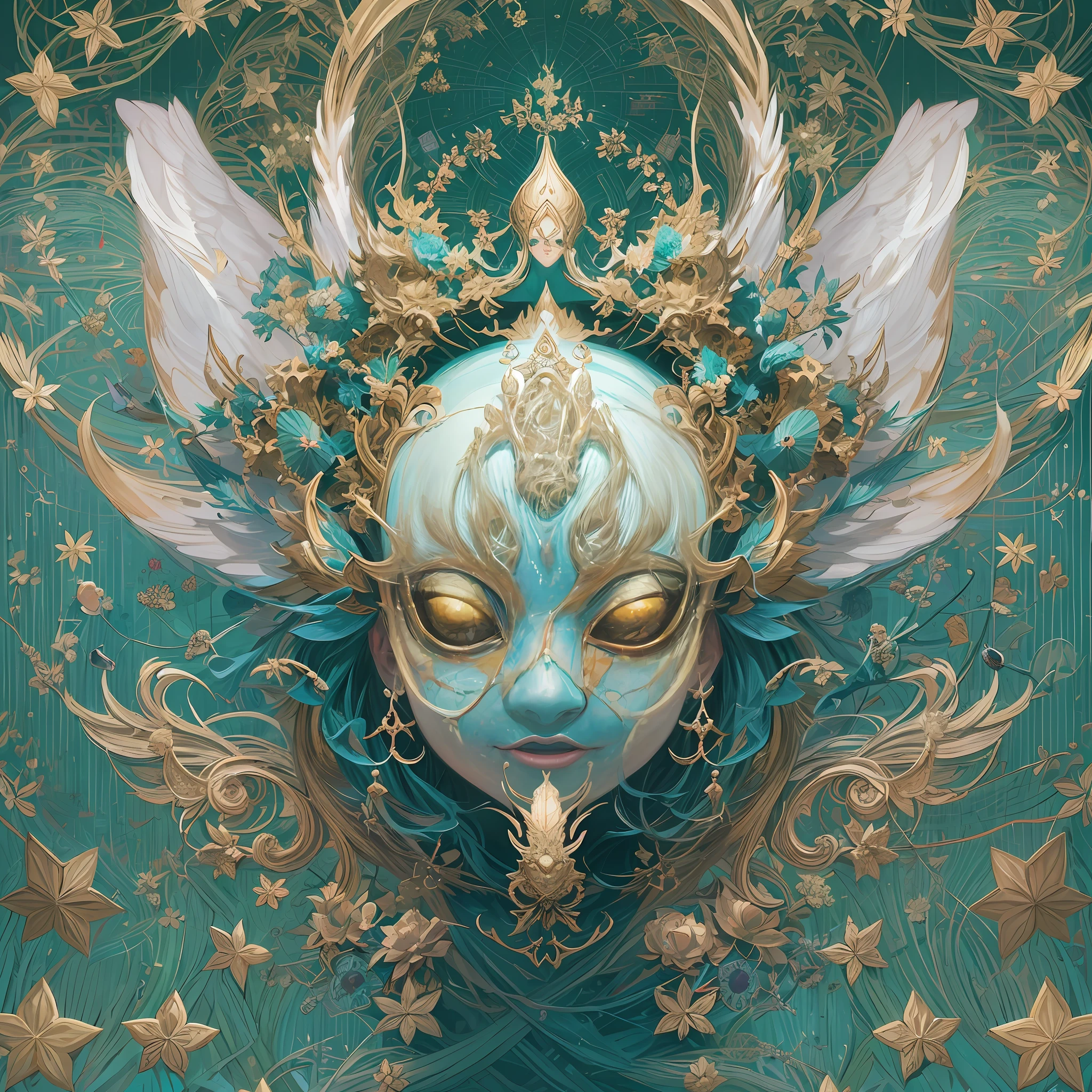 Imagine tranquil scenes inspired by Buddhist philosophy,A vibrant lotus flower stands against a background of intense turquoise tones。The lotus flower symbolizes purity and enlightenment,Intricate petals bloom,emanating a sense of serenity。When you gaze deeper into the image,You will notice an arrangement similar to a mandala,The constellations are elegantly arranged。A fusion of Buddhist symbolism with astrological elements,a harmonious integration,Invites contemplation and a sense of eternal connection。(The sculpture is surrealist and realist: 1.5), (golden colored,Blue and white porcelain mask), (Metal wings: 1.2), (Fox futuristic mask: 1.2), (Internet pop kawaii fractal art: 1.6), (The art style of Tobias Gramller,Gently slide the shape of the feeling: 1.6), (Organic geometric mixture: 1.6),Ultra-high resolution: 1.4),(particle fx: 1.4), (Depth of field: 1.4), (geometric-dotist abstraction: 1.6), (generative fluid fractal algorithm: 1.6).