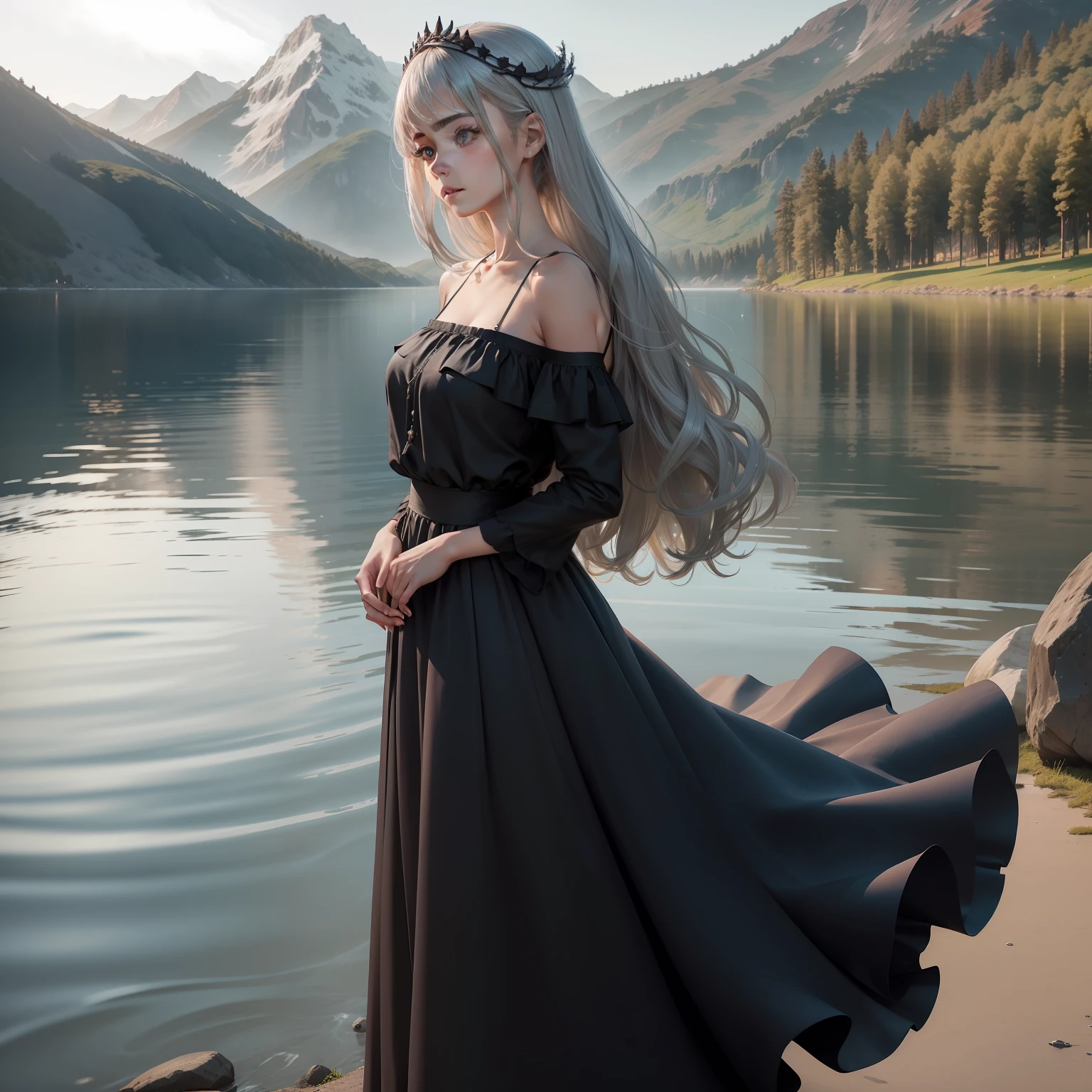 A age girl,(cabelos preto e longos+Long silver dress+Ocean blue long dress)1.3,The expression is calm,Looking into the distance,Stand by the lake,There is a stag on his side,Lakes and mountain forests in the early morning。