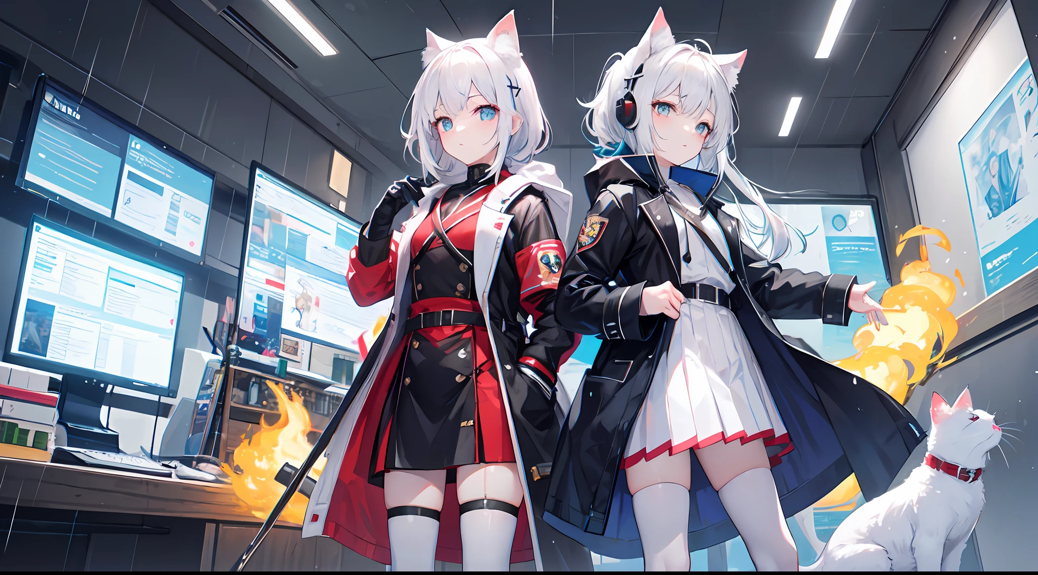 ((high qulity)), ((tmasterpiece)), 8K, Girls, bulletproof vest, llight rays, Extremely detailed CG unifies 8K, 8K, Diamond, and wallpaper, GameCG, looking at viewert, mitts, Boots, full bodyesbian, Wrist watch, Computer,Masks,UAVs,handheldweapons,Earphone,jaket,Bao,backpacks,Ark of tomorrow style,Black and white blend trench coat,围巾,with short white hair,Issuing,The sword,yellow armband,Yellow band,Black strap,blue stripe,red color eyes,The sword,Firearms,Straighten your hair with both hands,Detailed hands,detailed back ground,detailed face with,A masterpiece of the Rhode Island Bridge,(best qualtiy:1.2),(super-fine:1.2),illustratio,(Extremely refined and beautiful:1.2),Movie Angle,floatking,(beatiful detailed eyes:1.1),(Detail light:1.1),电影灯光,Exquisite sky,woman,whaite hair,eBlue eyes,(high ponytails:1.1),cloaks,glowing light eyes,(themoon:1.2),(rays of moonlight:1.1),starrysky,(Light particles:1.1),Mist,Snow painting,full bloom,废墟,little bit of raining,,Earphone,White cat ears,Rained,Rain drops,Black hairpin,yellow armband,Blue sea,White tights,white stockings,城市,karo