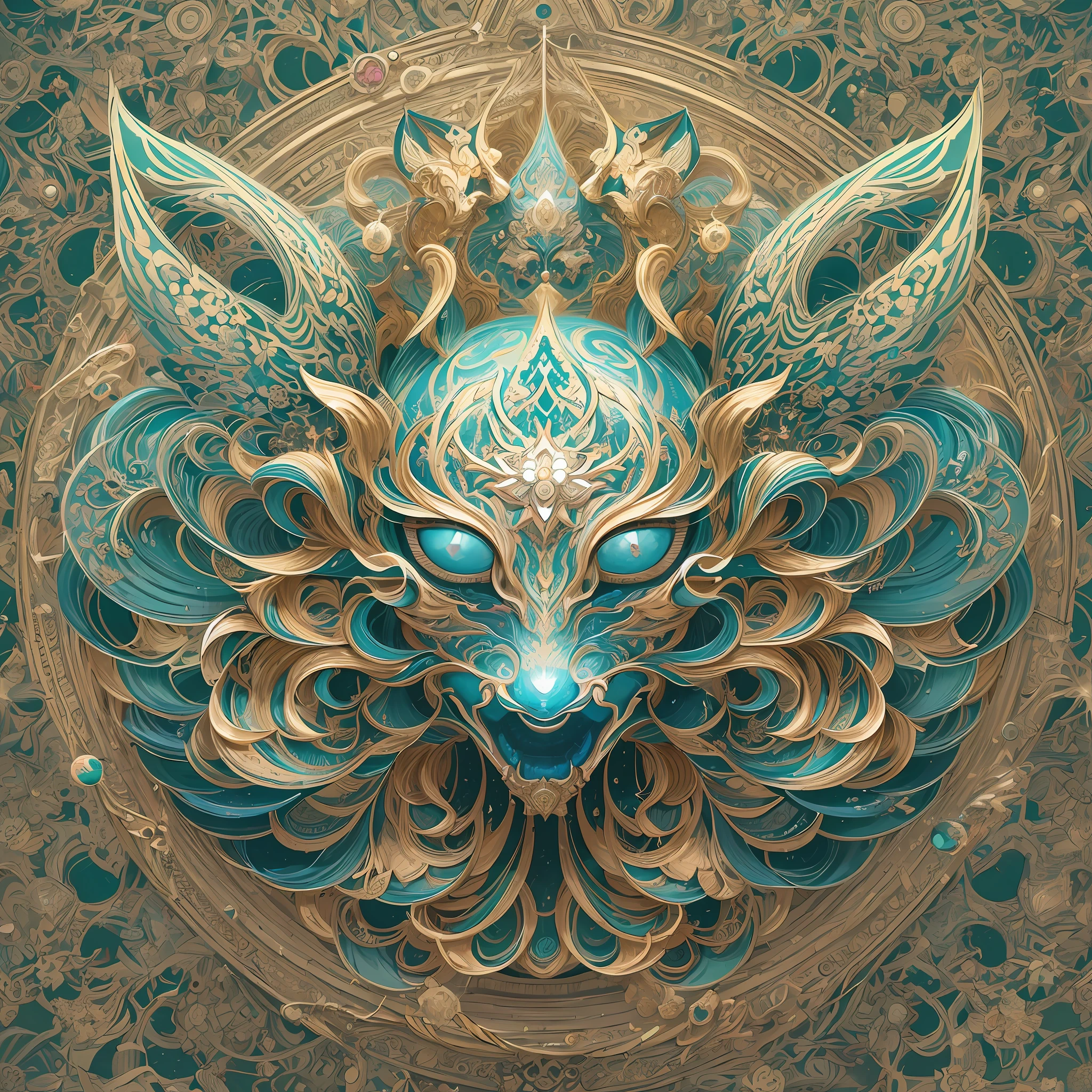 Imagine tranquil scenes inspired by Buddhist philosophy,A vibrant lotus flower stands against a background of intense turquoise tones。The lotus flower symbolizes purity and enlightenment,Intricate petals bloom,emanating a sense of serenity。When you gaze deeper into the image,You will notice an arrangement similar to a mandala,The constellations are elegantly arranged。A fusion of Buddhist symbolism with astrological elements,a harmonious integration,Invites contemplation and a sense of eternal connection。(The sculpture is surrealist and realist: 1.5), (golden colored,Blue and white porcelain mask), (Metal wings: 1.2), (Fox futuristic mask: 1.2), (Internet pop kawaii fractal art: 1.6), (The art style of Tobias Gramller,Gently slide the shape of the feeling: 1.6), (Organic geometric mixture: 1.6),Ultra-high resolution: 1.4),(particle fx: 1.4), (Depth of field: 1.4), (geometric-dotist abstraction: 1.6), (generative fluid fractal algorithm: 1.6).