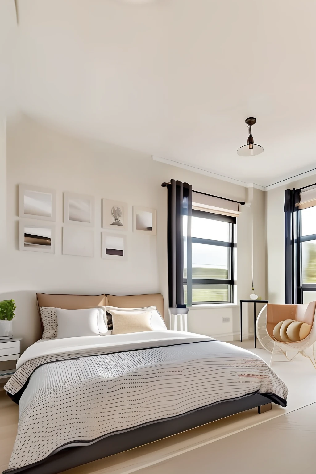 bedroom with bed and side table, 3Drenderingof, Realistic photography,interior scenes