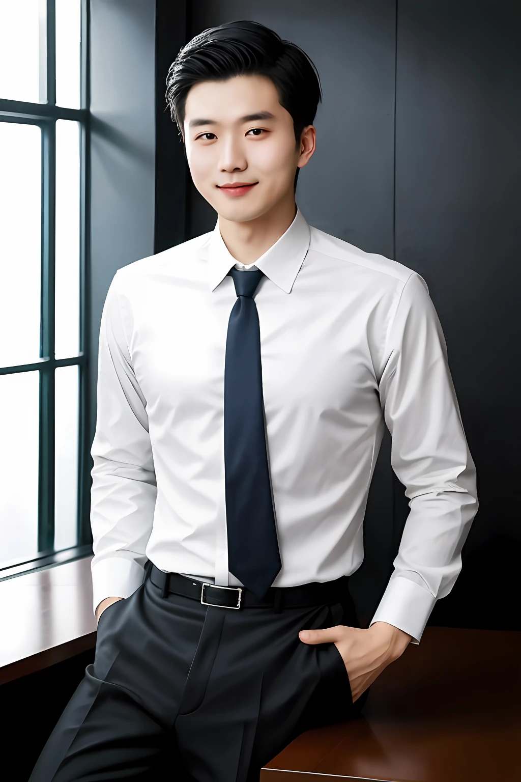 Zhang Qiang, 30 age old, project manager。He wears a dark suit, Wear yours with a white shirt and dark tie。His hairstyle is neat, The face is clean and clean, The eyes reveal wisdom and confidence。He smiled and looked into the camera, It gives a professional and competent temperament, hyper HD, Masterpiece, Textured skin, High quality, A high resolution, Best quality, High details